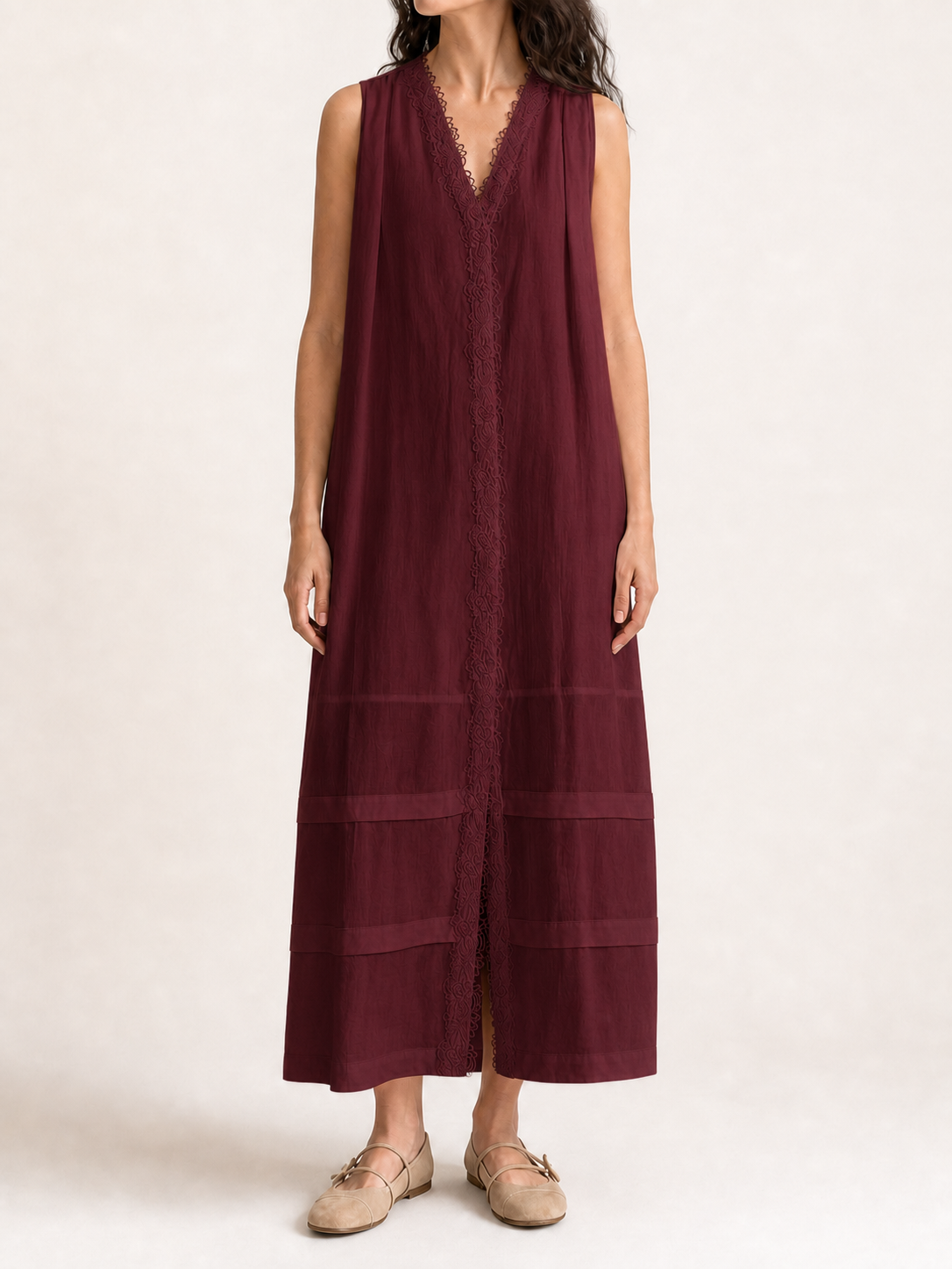 Women's lace-trim maxi dress in burgundy