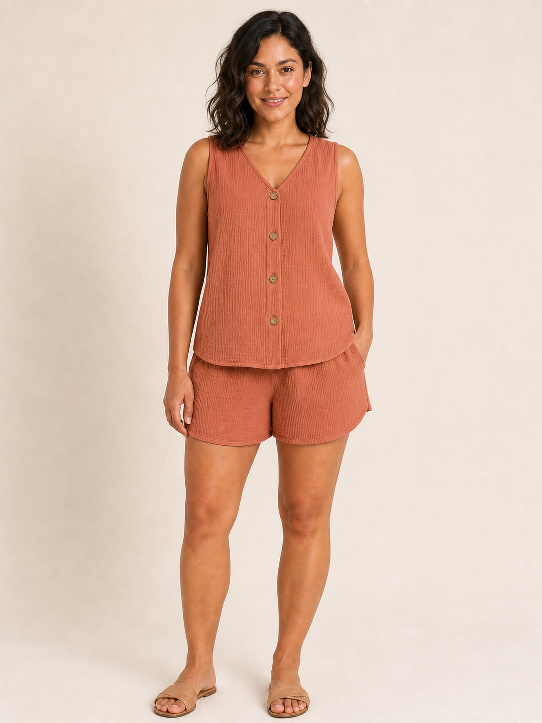 Women's terracotta crinkle shorts set