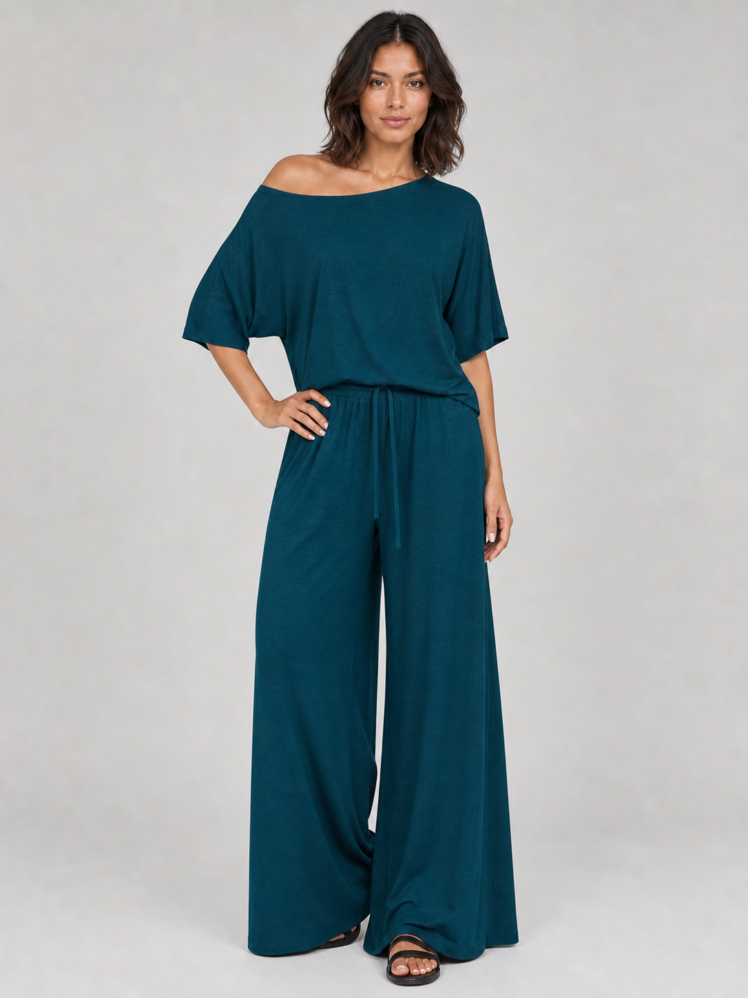 Women's deep teal one-shoulder wide-leg set