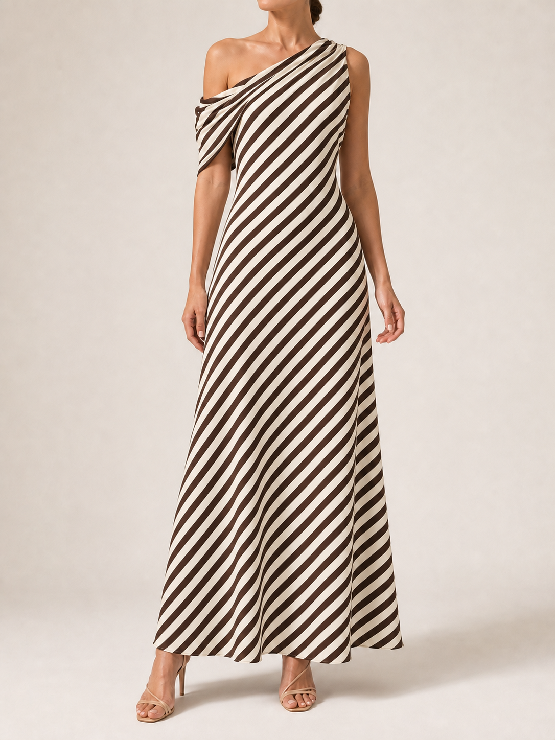 Women's chocolate and ivory stripe one-shoulder maxi dress