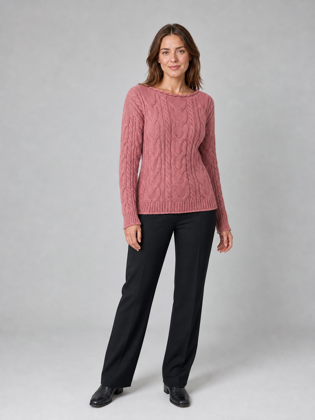 Women's cable knit sweater in dusty rose