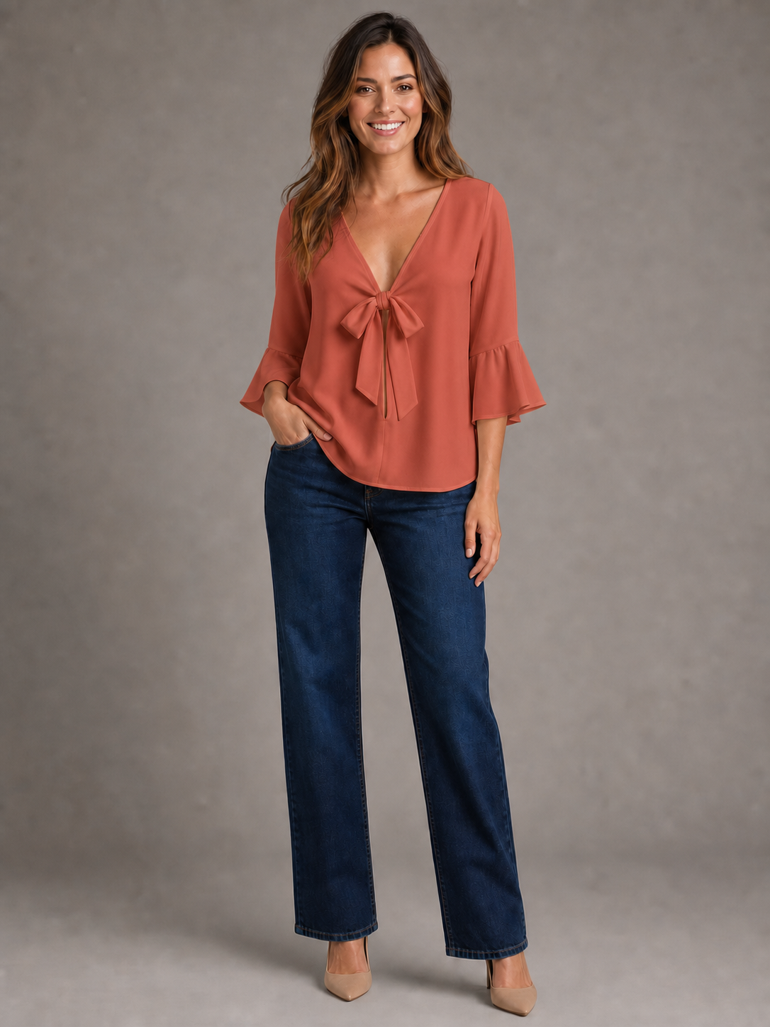 Women's rust terracotta tie-front blouse