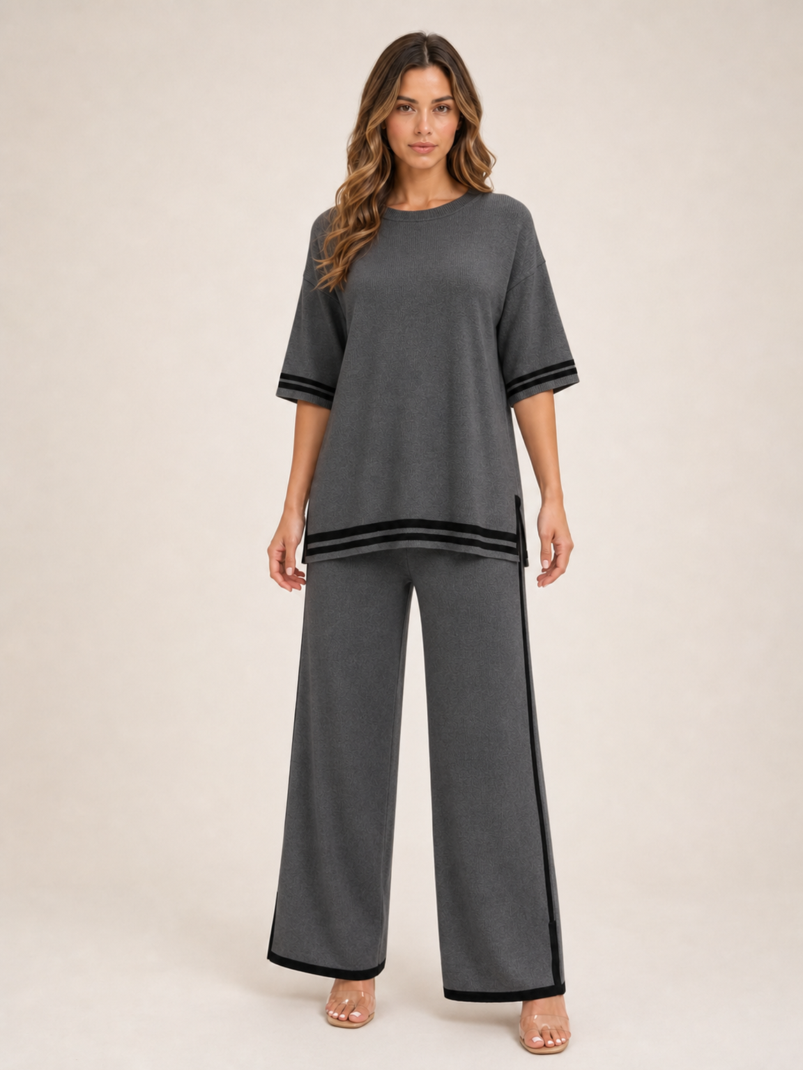 Women's charcoal gray contrast trim knit pants set