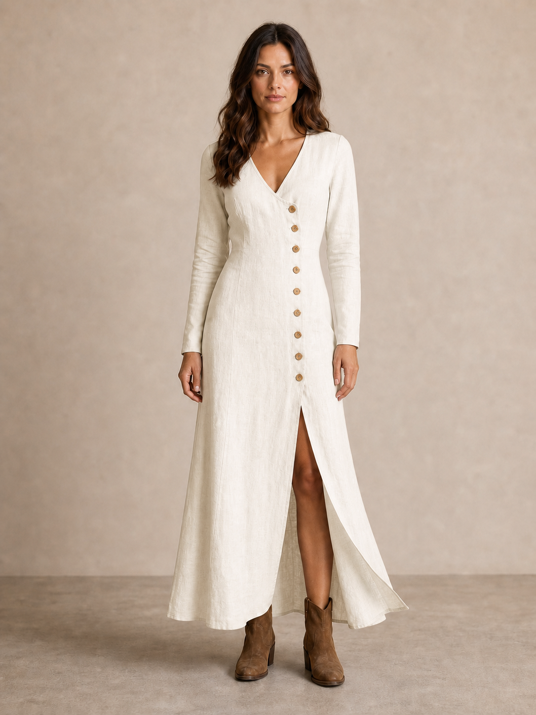 Women's ivory V-neck button slit maxi dress