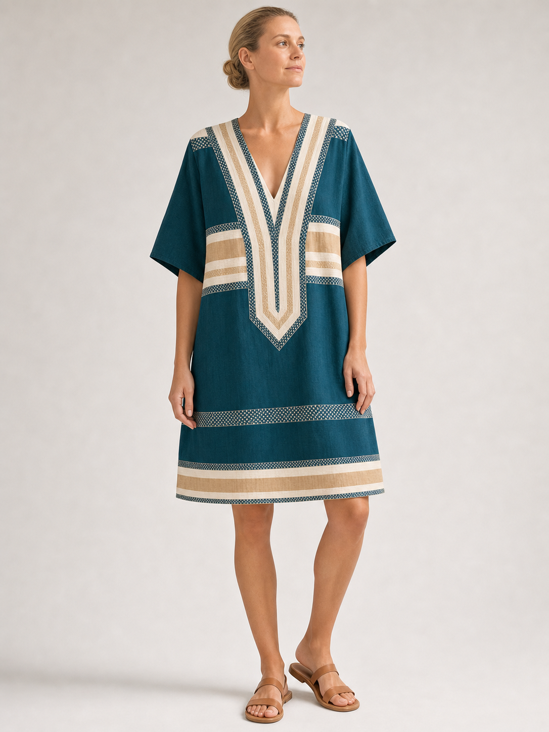 Women's teal and sand geometric kaftan mini dress