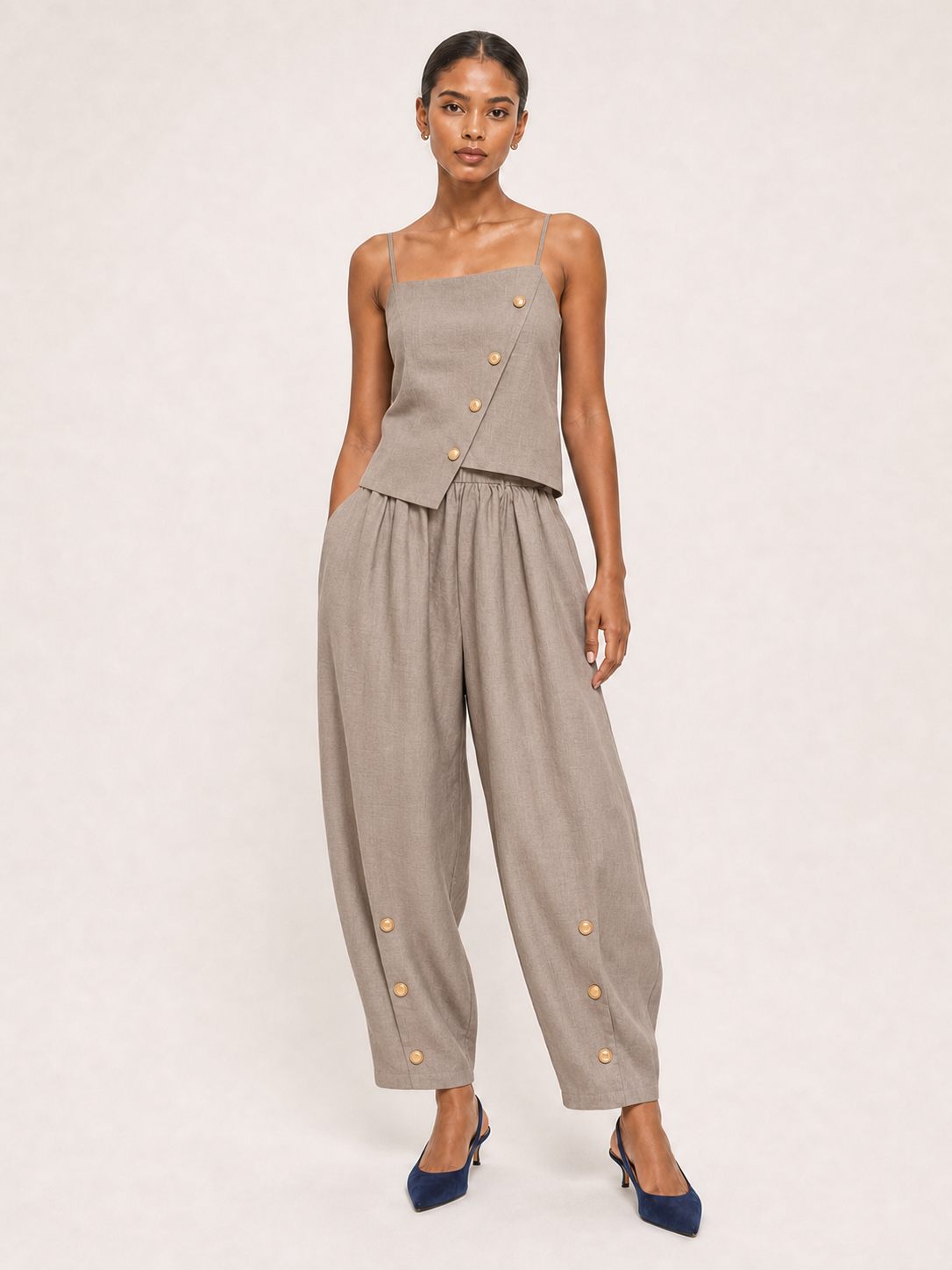 Women's mushroom taupe asymmetric button two-piece set
