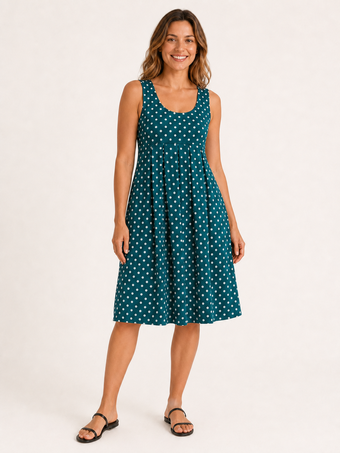 Women's teal and ivory polka dot empire-waist dress