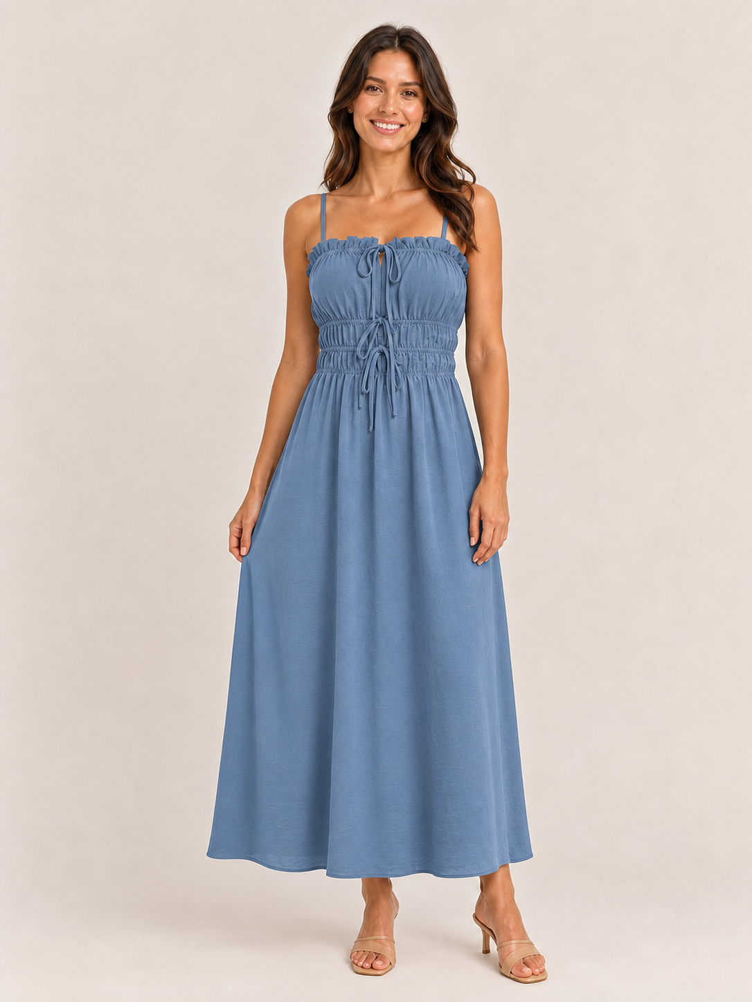 Women's dusty blue ruched drawstring maxi dress
