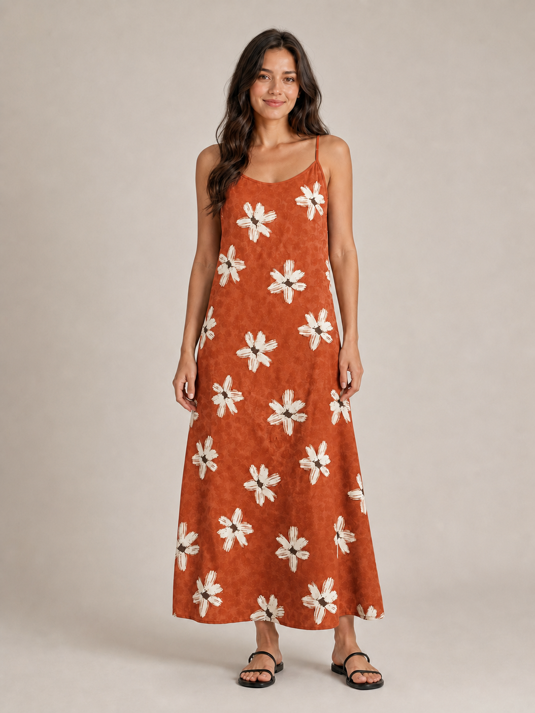 Women's terracotta ivory floral maxi dress