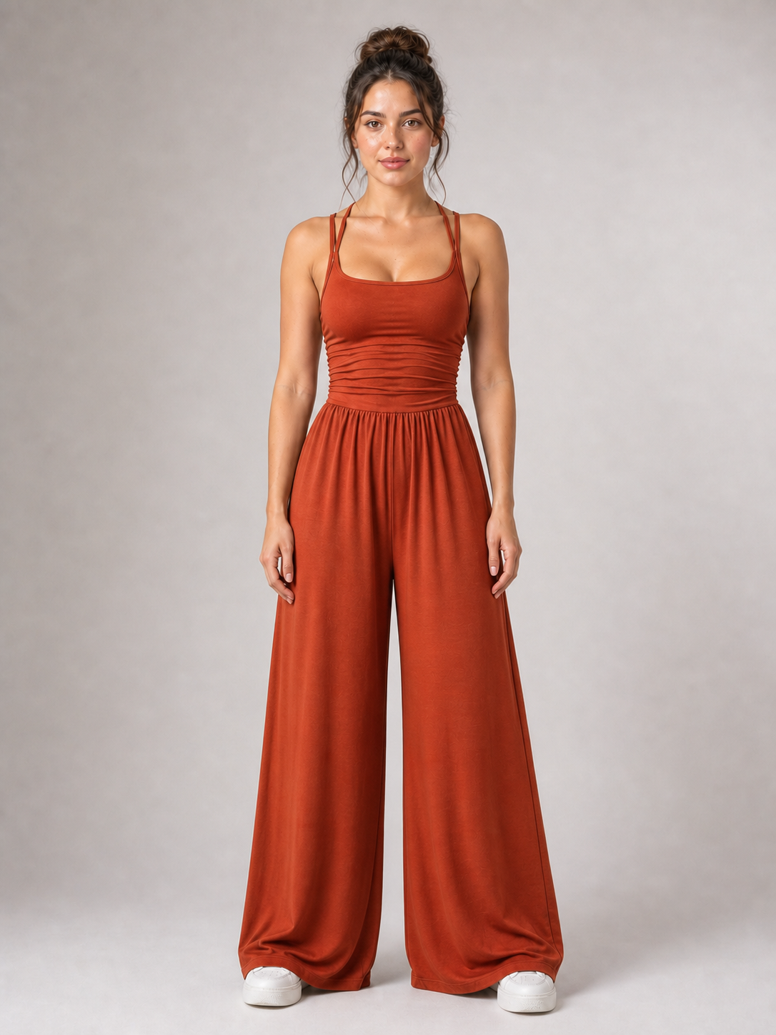 Women's rust terracotta scoop-neck wide-leg jumpsuit