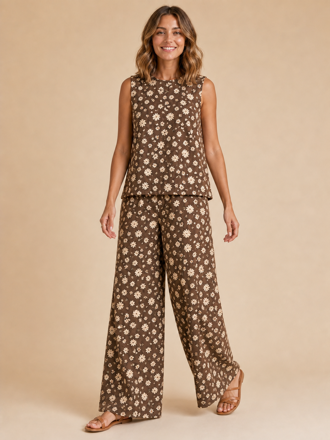 Women's mocha daisy wide-leg set