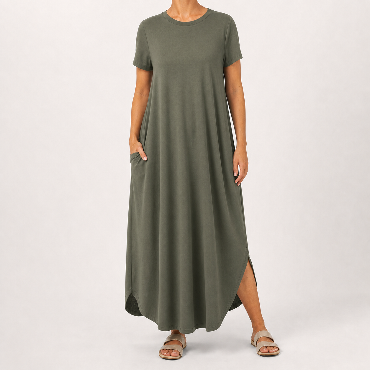 Muted olive women's relaxed pocket maxi dress
