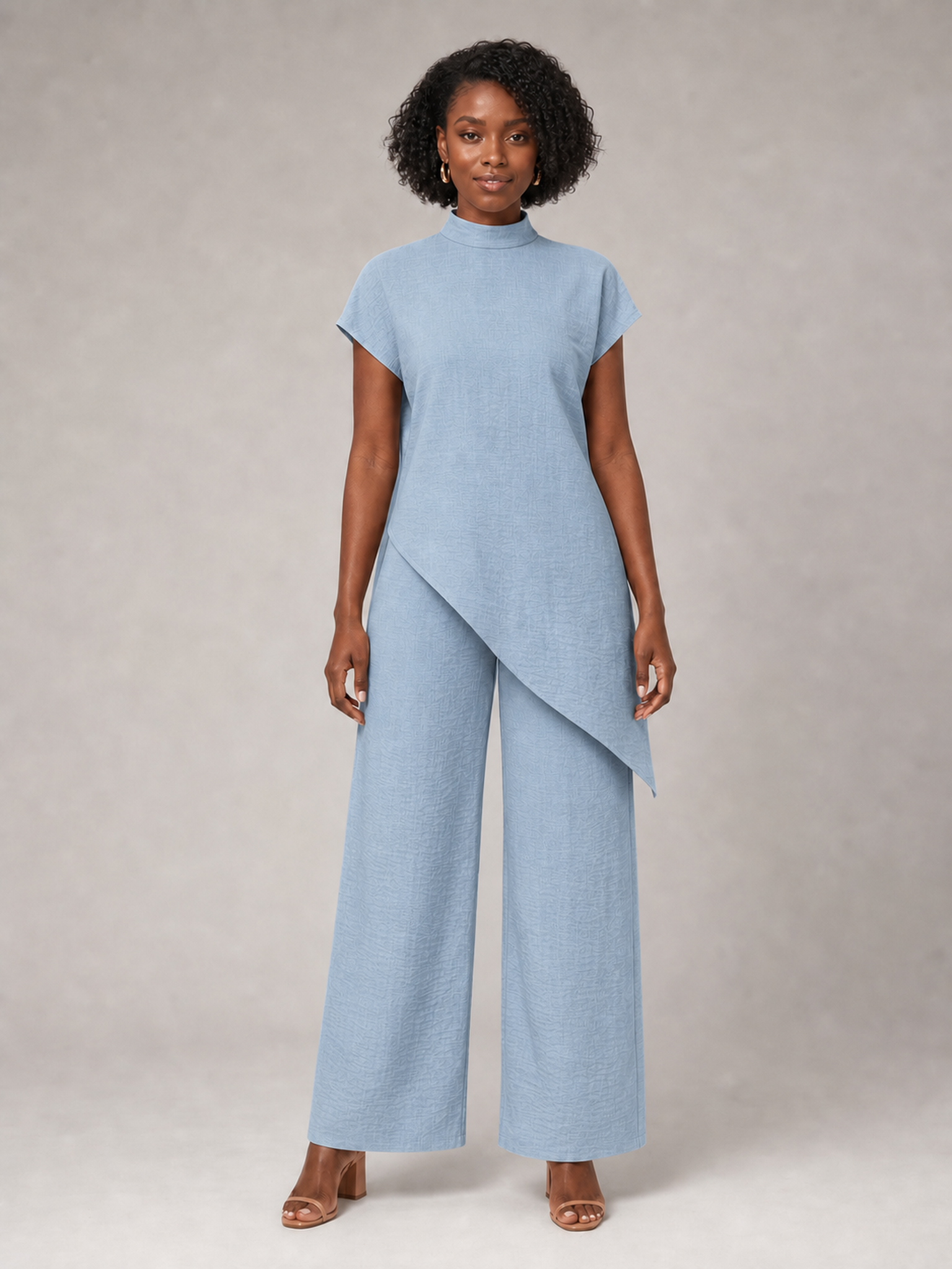 Women's dusty blue asymmetric tunic wide-leg pants set