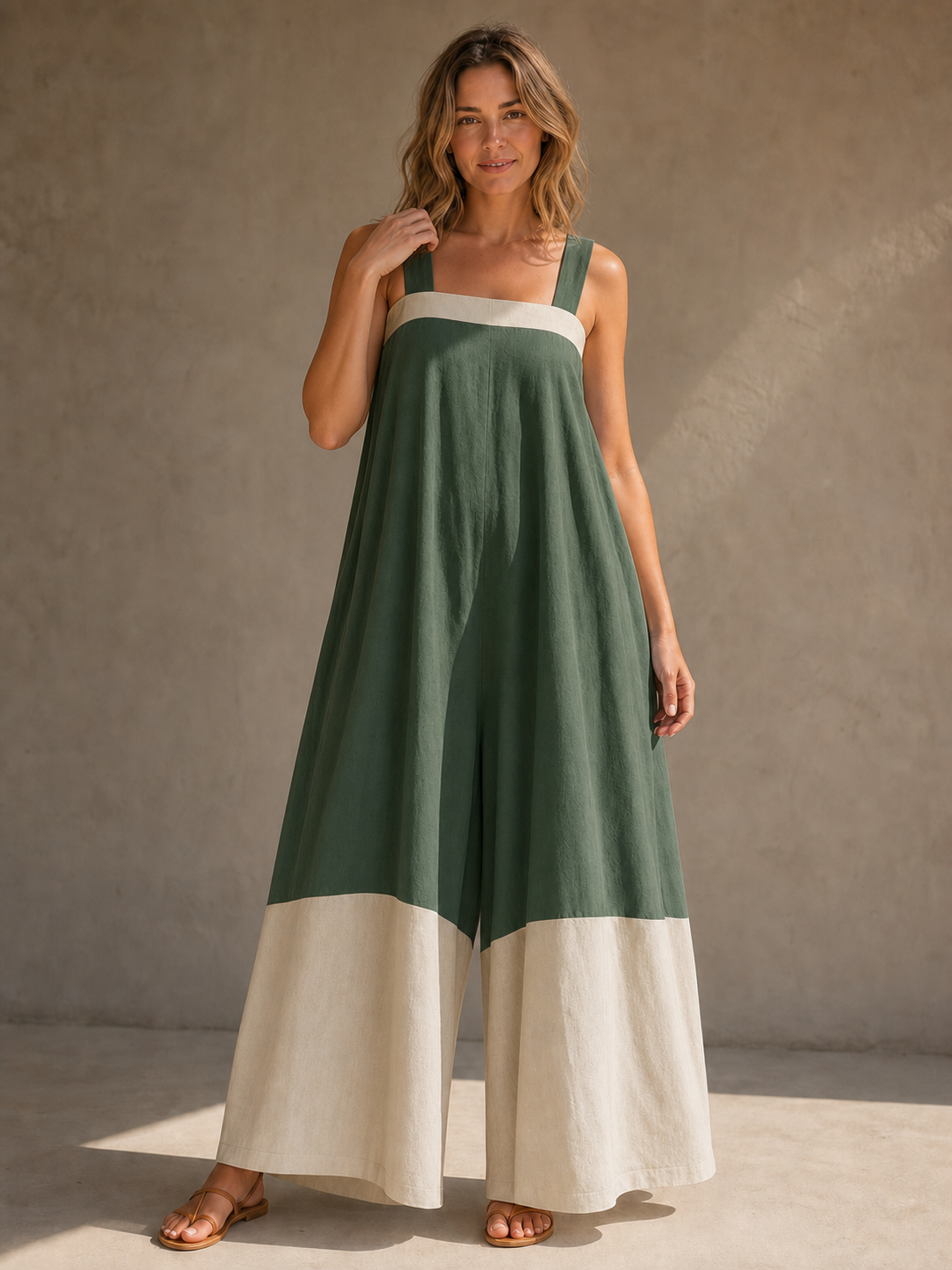 Women's forest green and cream wide-leg jumpsuit