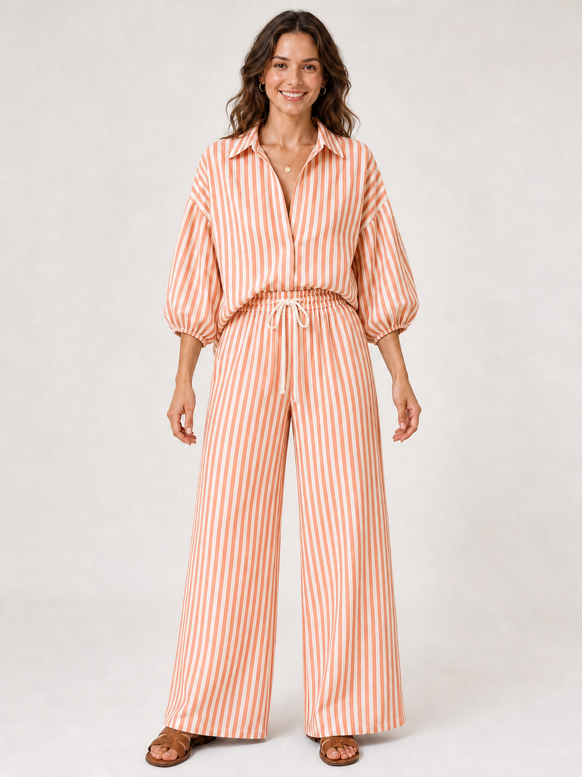 Women's coral and white striped pants set