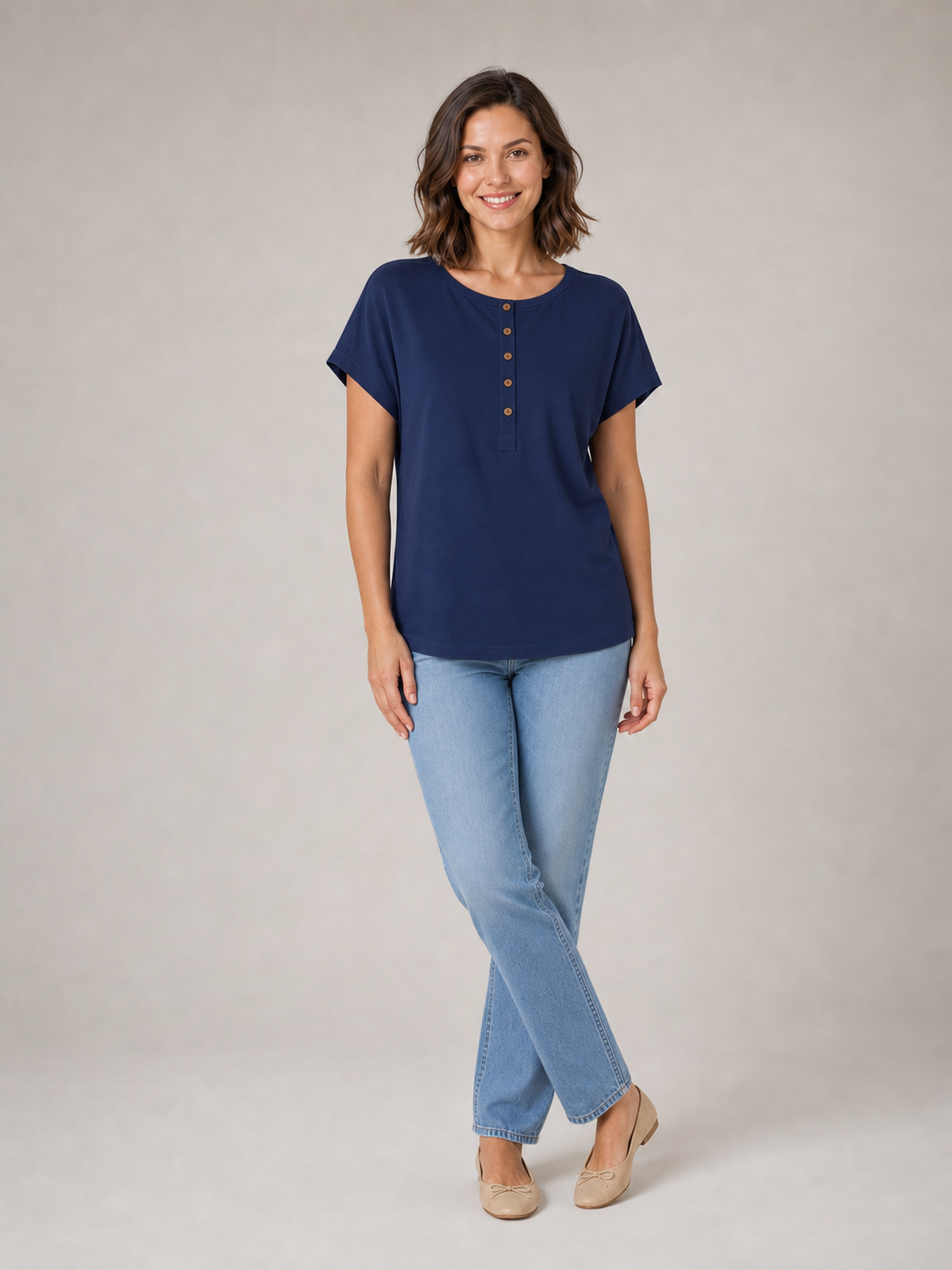 Women's deep navy button Henley dolman top