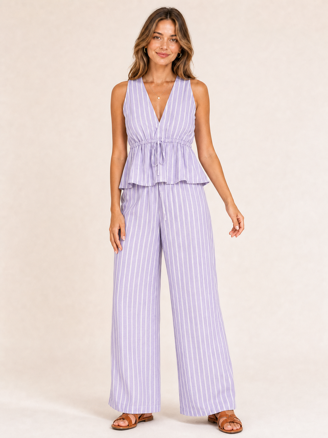 Women's lavender pinstripe drawstring wide leg pants set