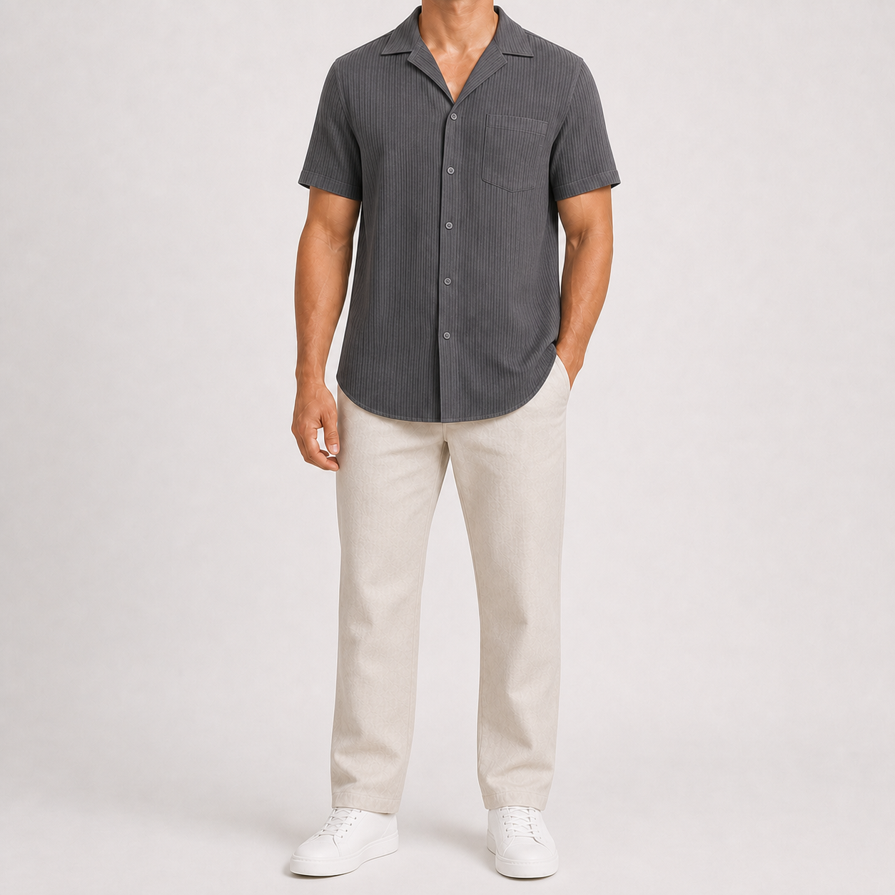 Charcoal gray men's pleated texture short-sleeve shirt