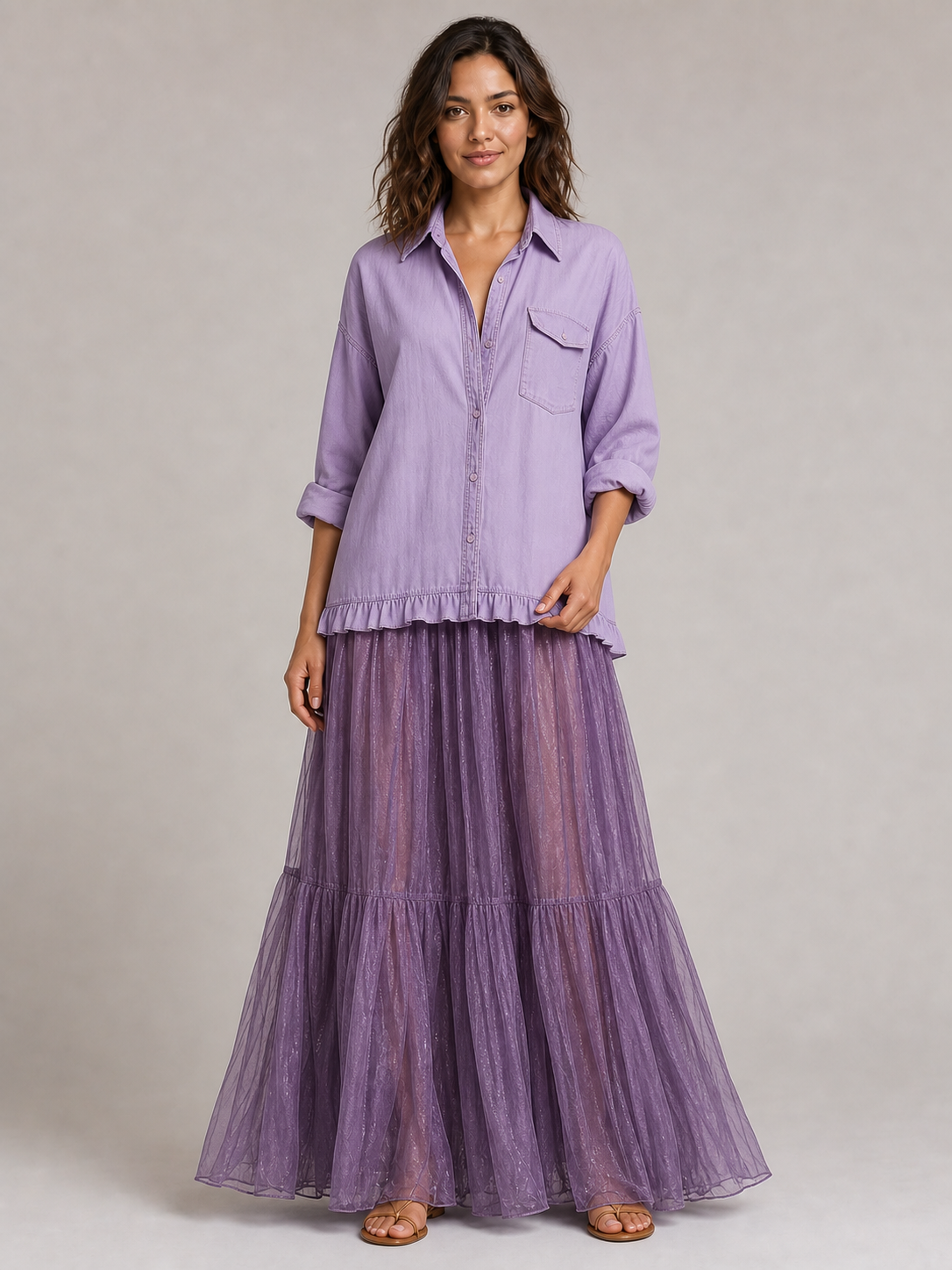 Women's lavender and plum ruffle shirt maxi skirt set