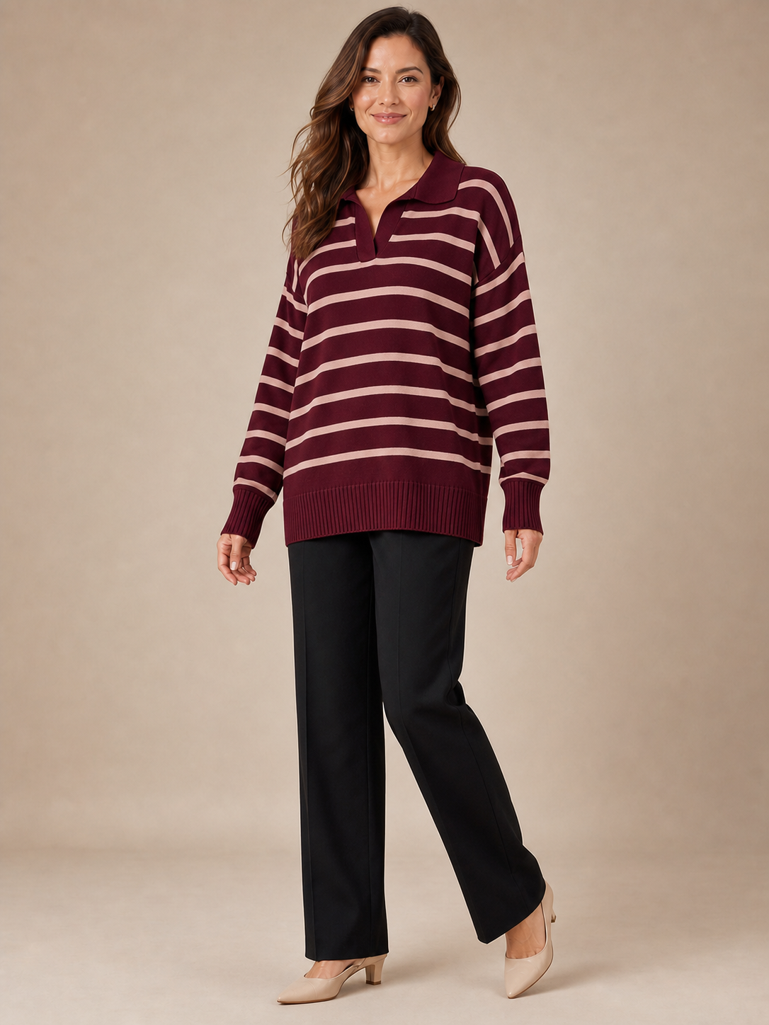Women's burgundy and blush striped knit top