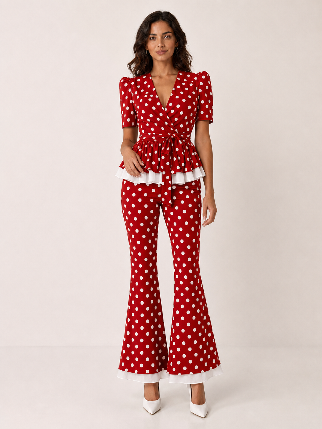 Women's red polka dot peplum and flare pants set