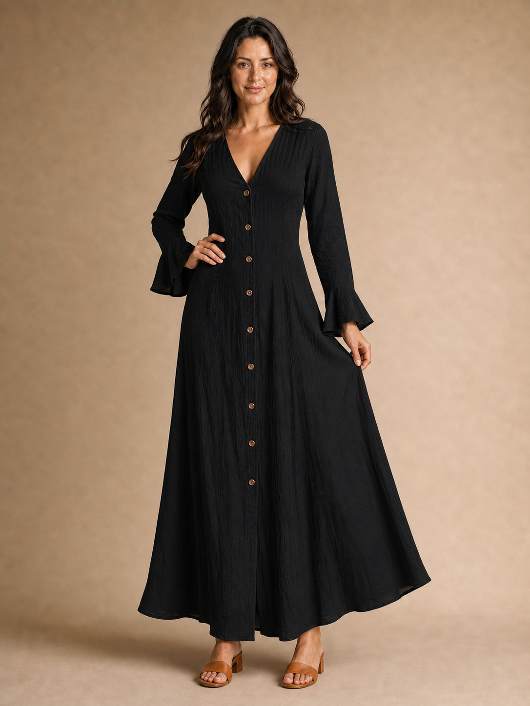 Women's classic black V-neck bell-sleeve maxi dress