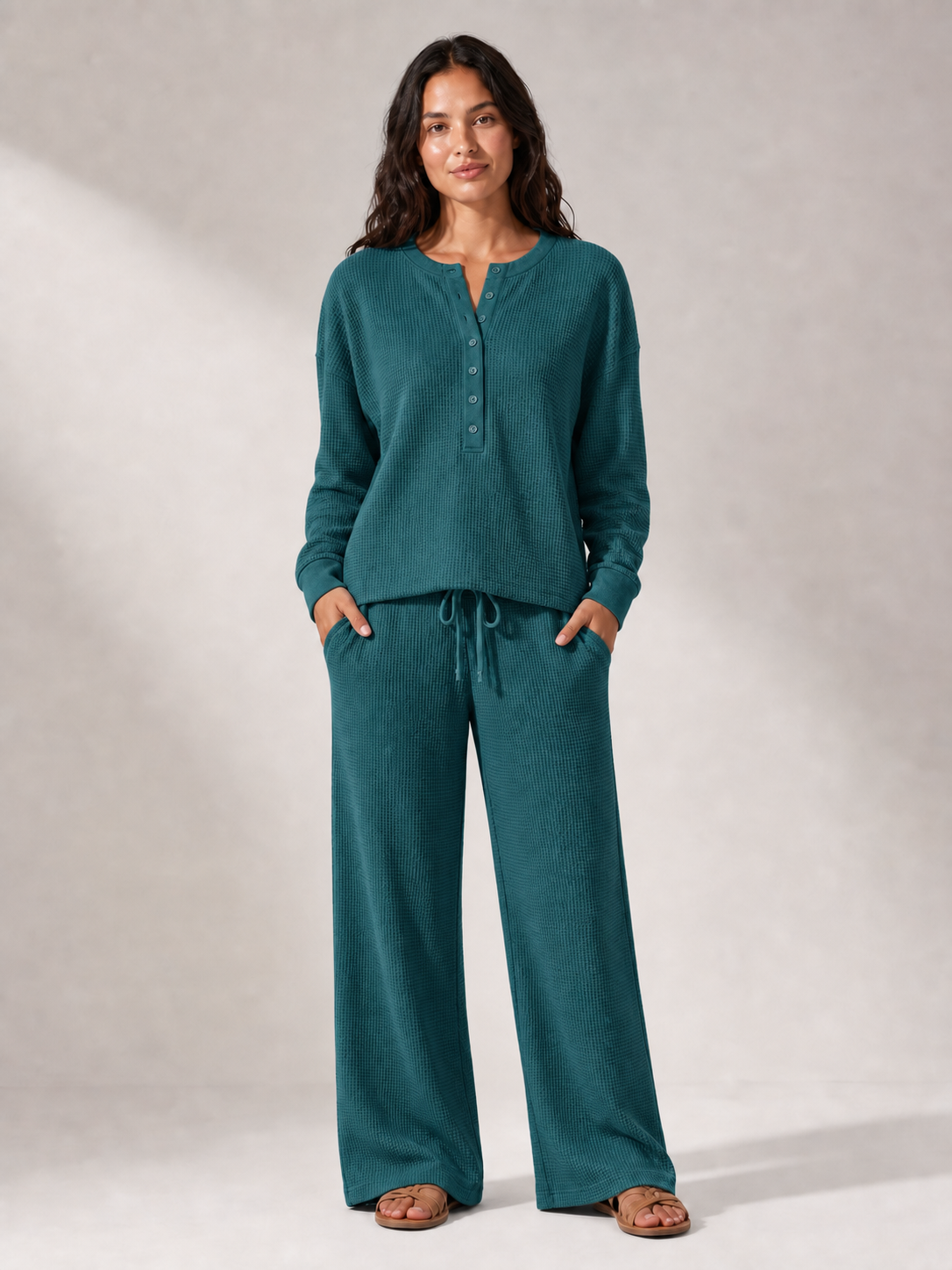 Women's waffle Henley wide-leg lounge set in deep teal