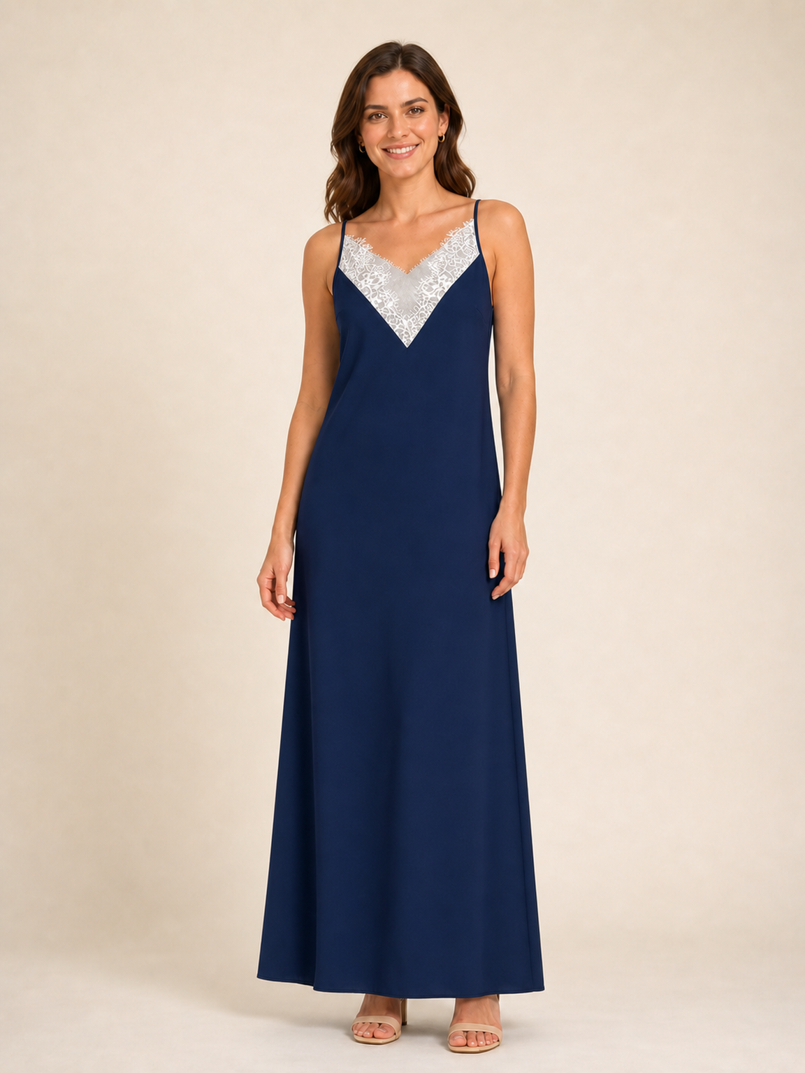 Women's deep navy lace trim slip maxi dress