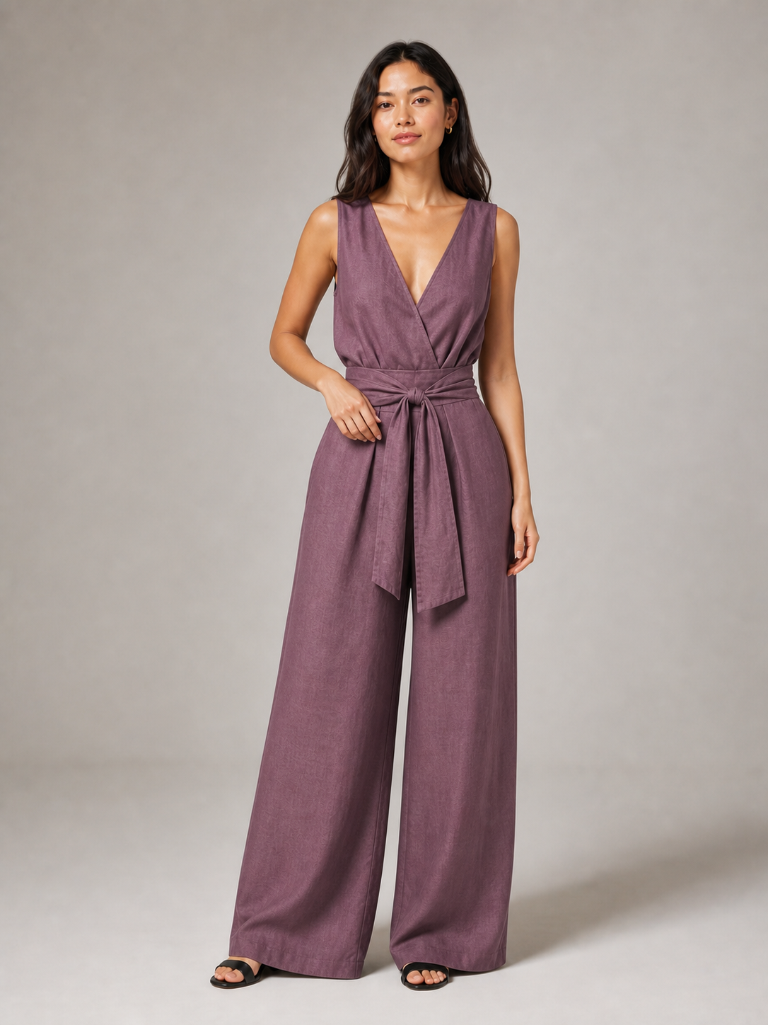 Women's dusty plum wrap V-neck wide-leg jumpsuit