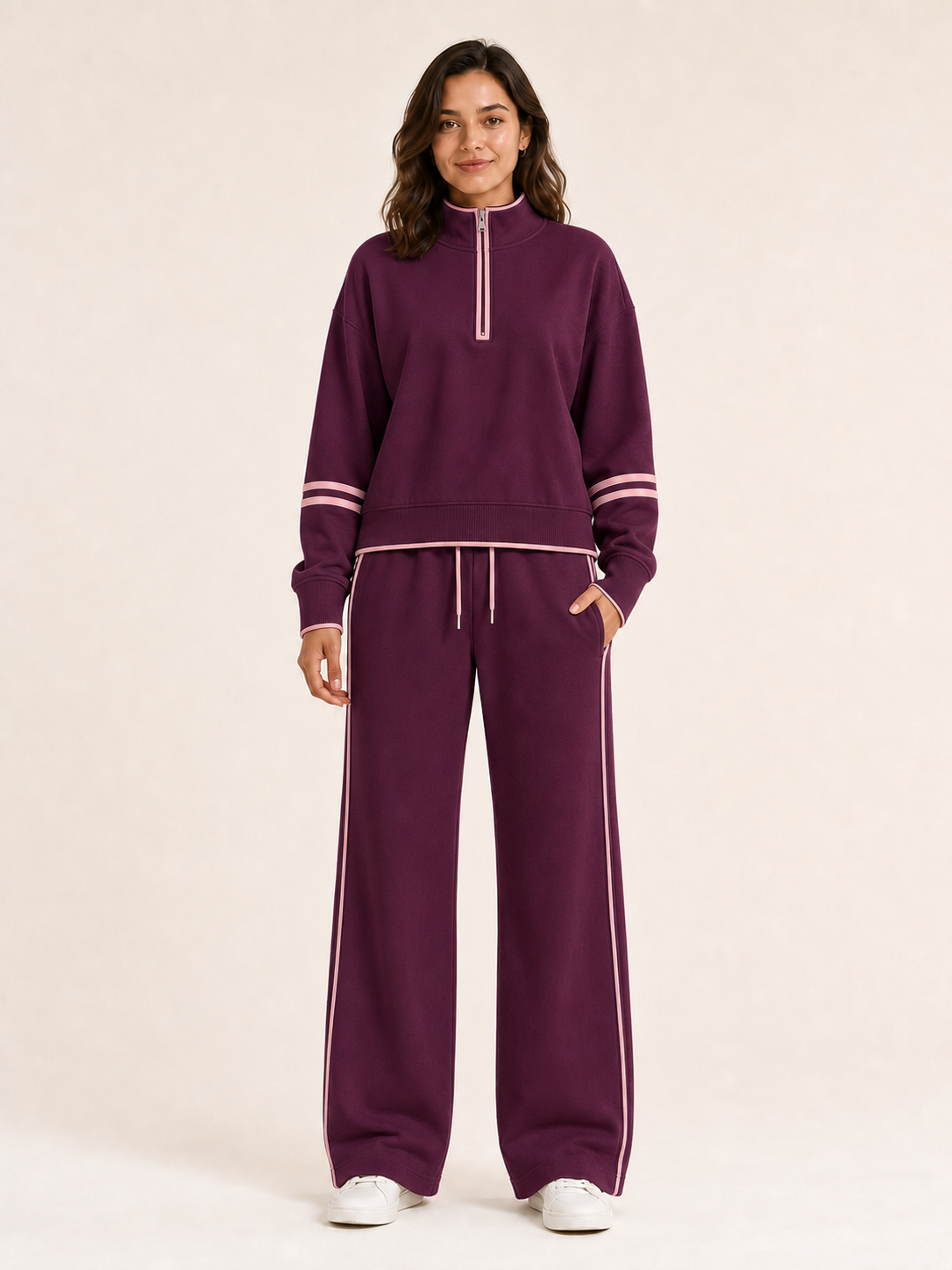 Women's half-zip wide-leg set in plum and blush