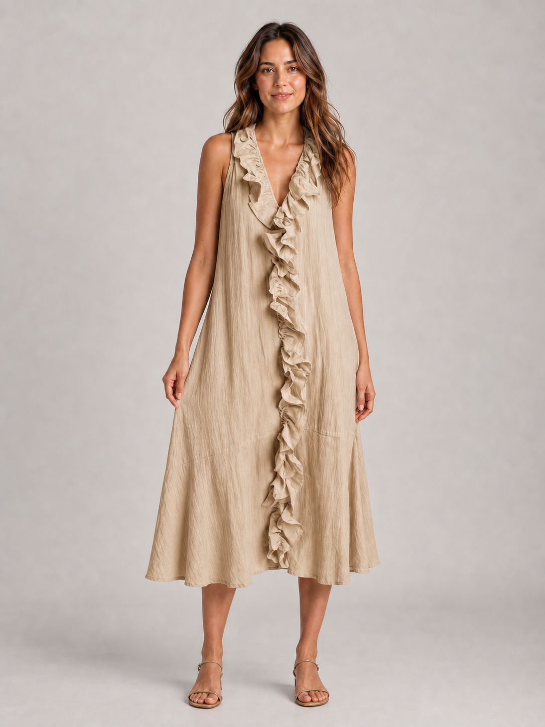 Women's warm sand beige cascading ruffle loose midi dress