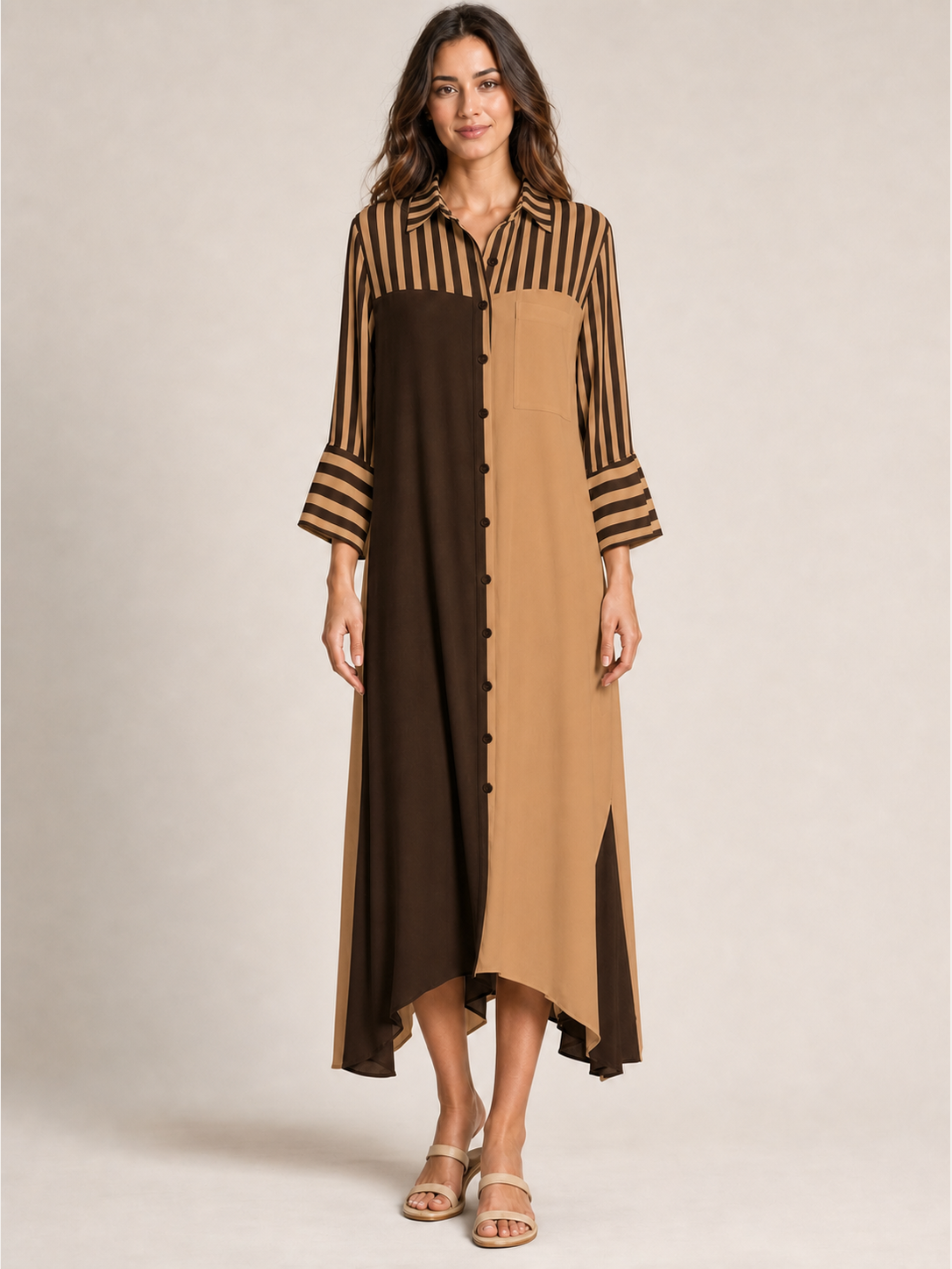 Chocolate camel colorblock striped shirt dress