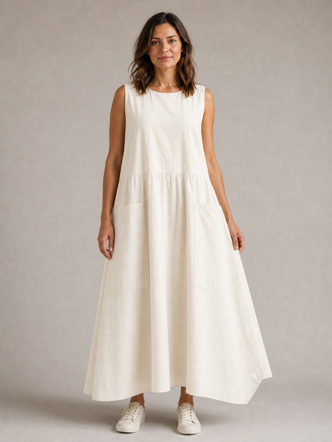 Women's warm ivory sleeveless utility pocket maxi dress
