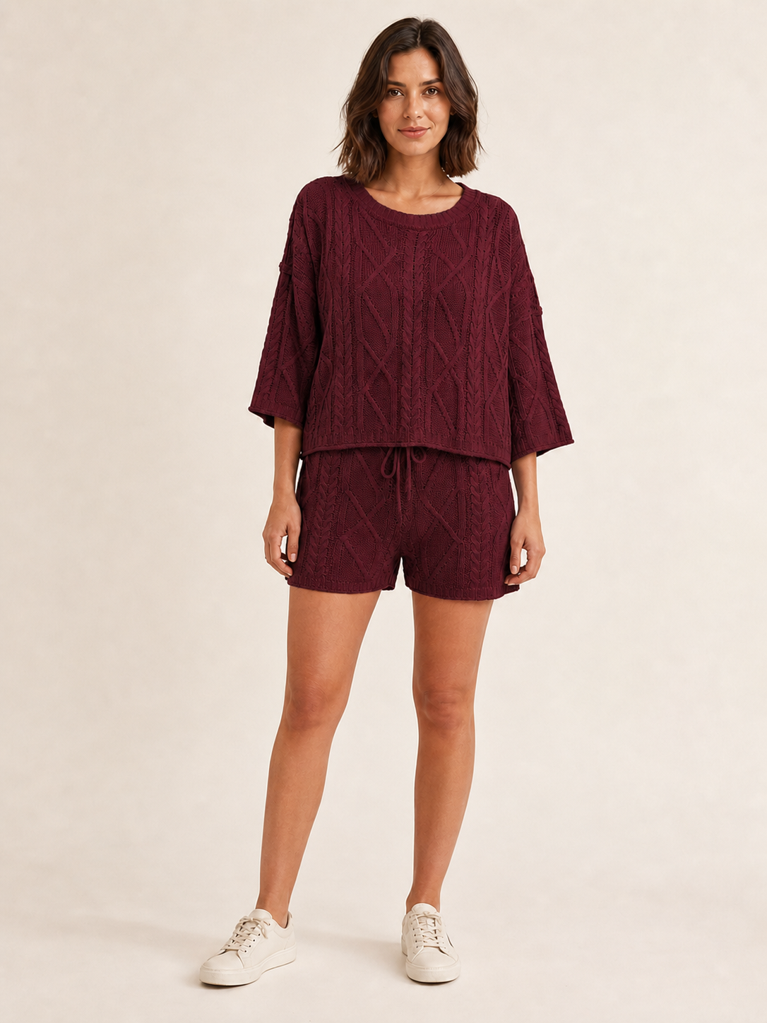 Women's burgundy openwork cable-knit top and shorts set