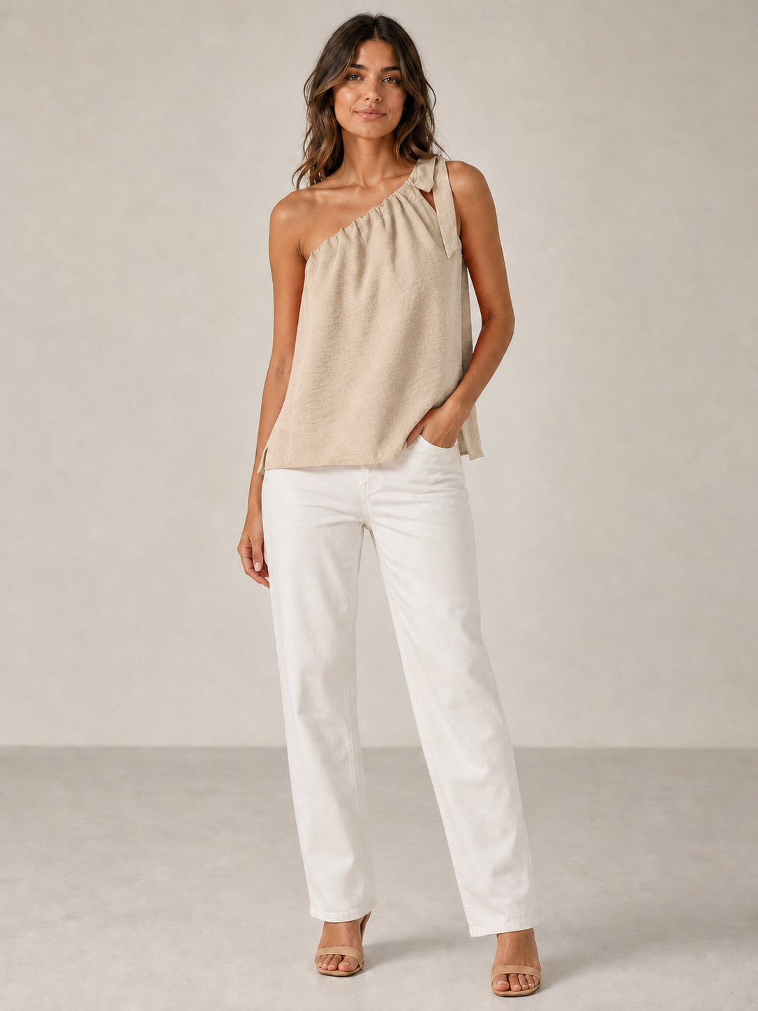 Women's champagne beige one-shoulder tie loose top