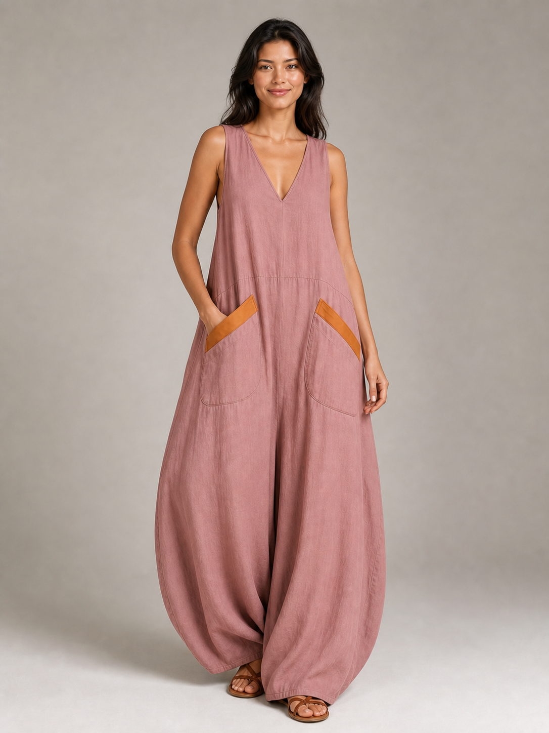 Women's contrast-pocket wide-leg jumpsuit in dusty rose
