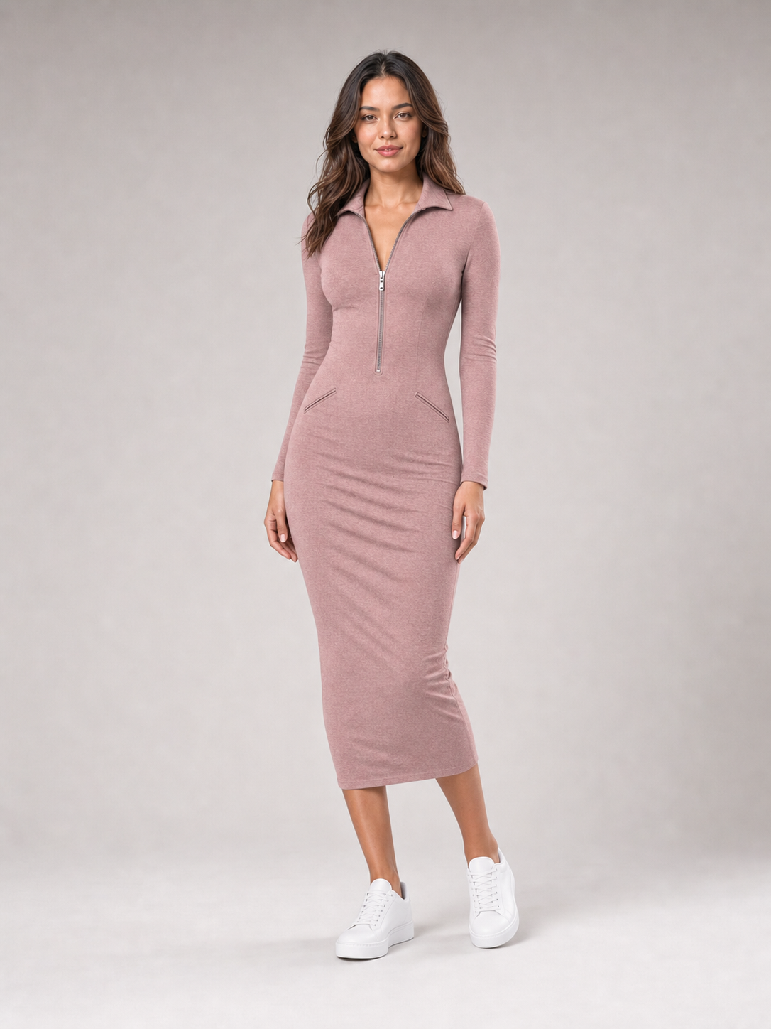 Women's dusty rose half-zip collared bodycon midi dress