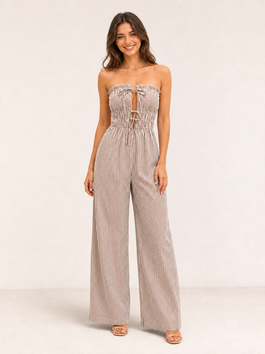 Women's brown and white striped strapless wide-leg jumpsuit