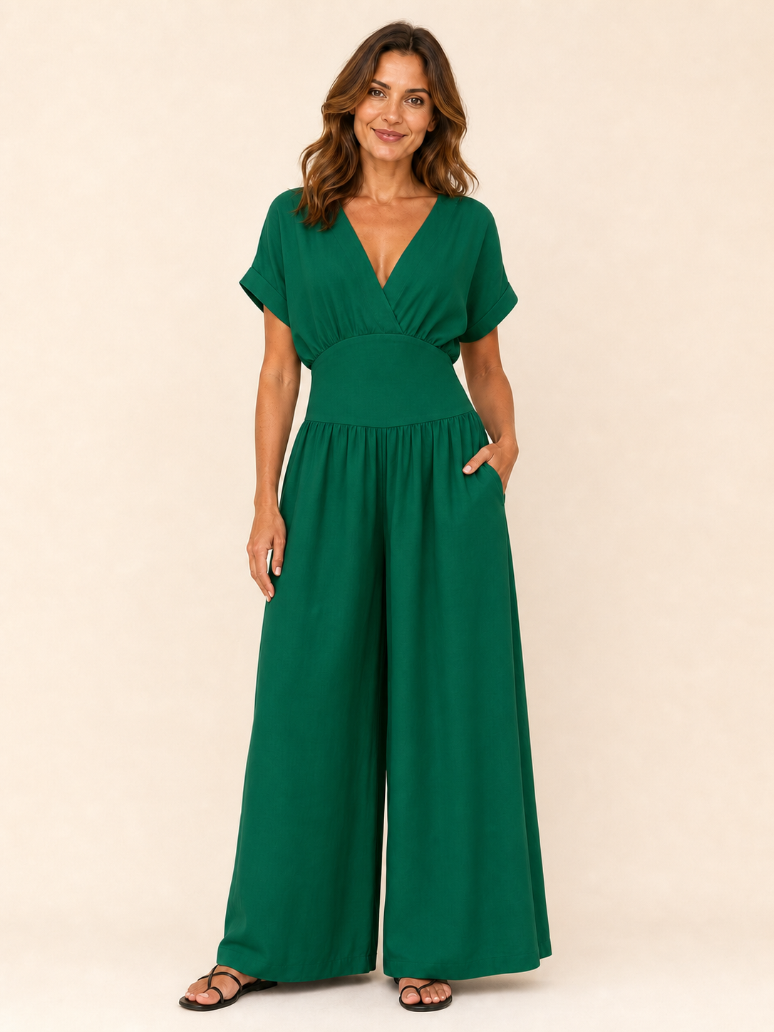 Women's emerald green surplice wide-leg jumpsuit