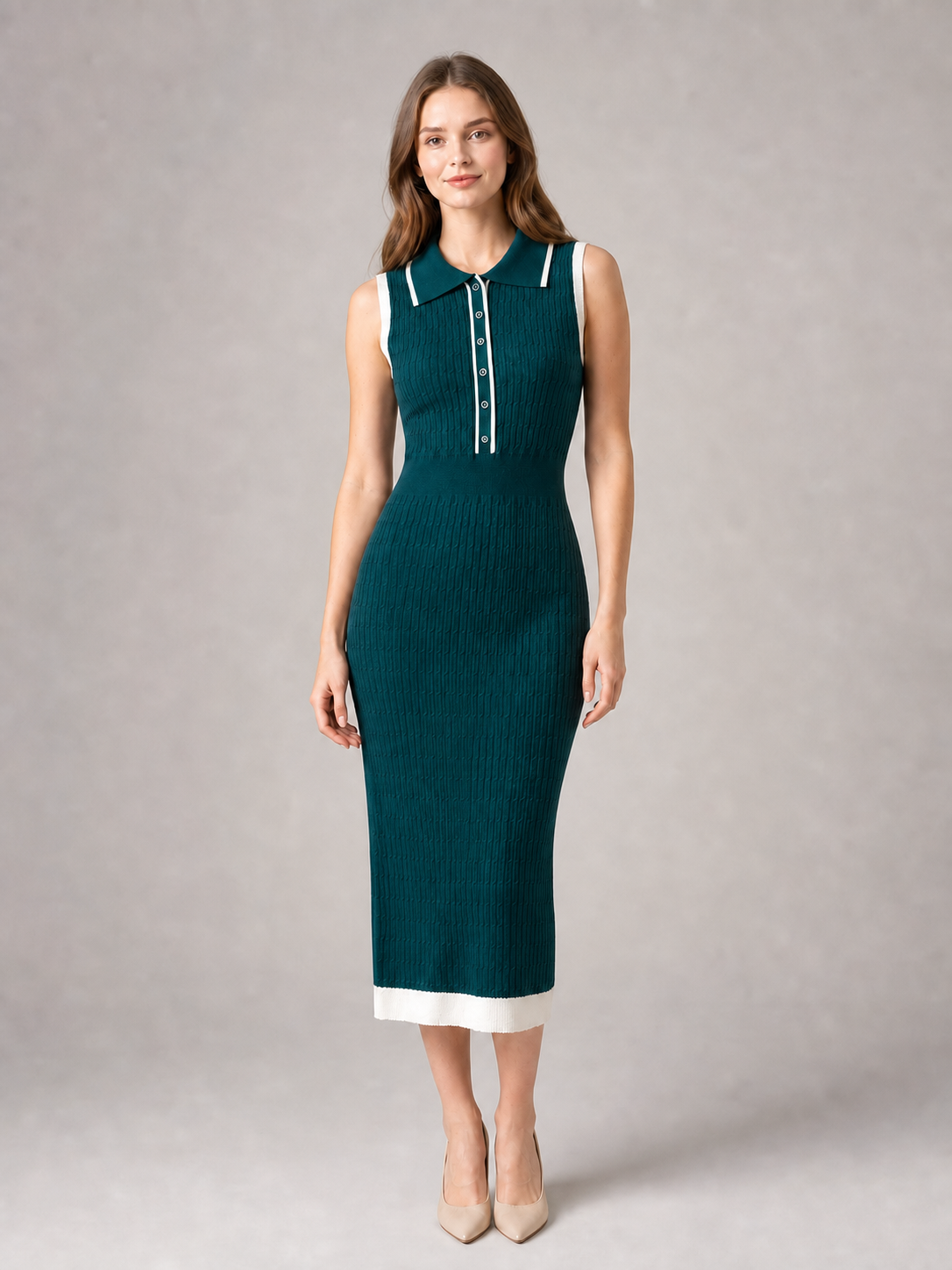 Women's teal and white sleeveless knit polo midi dress