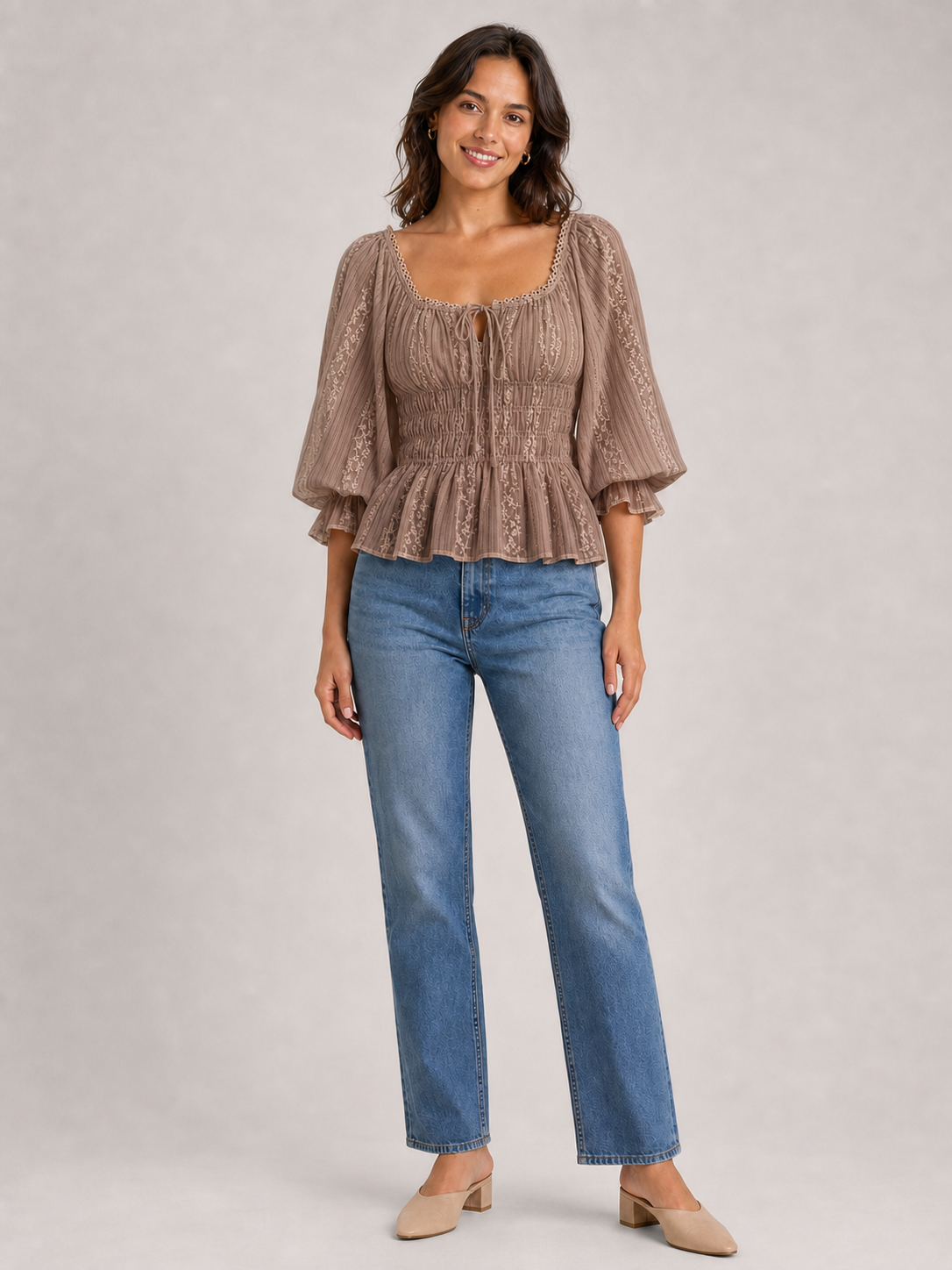 Women's mocha brown square-neck smocked-waist lace blouse