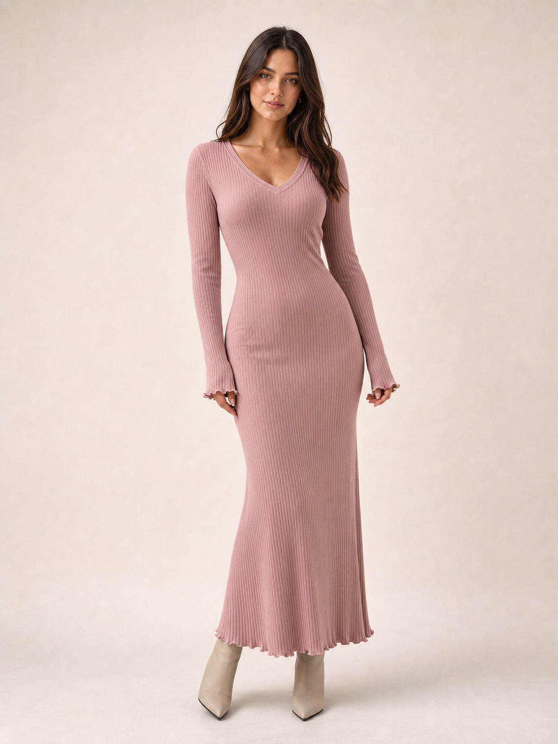 Women's dusty rose ribbed V-neck fitted maxi dress
