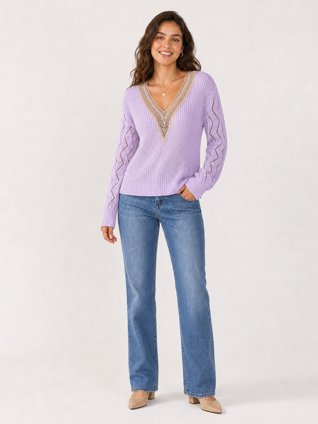 Women's openwork crochet V-neck knit top in lavender