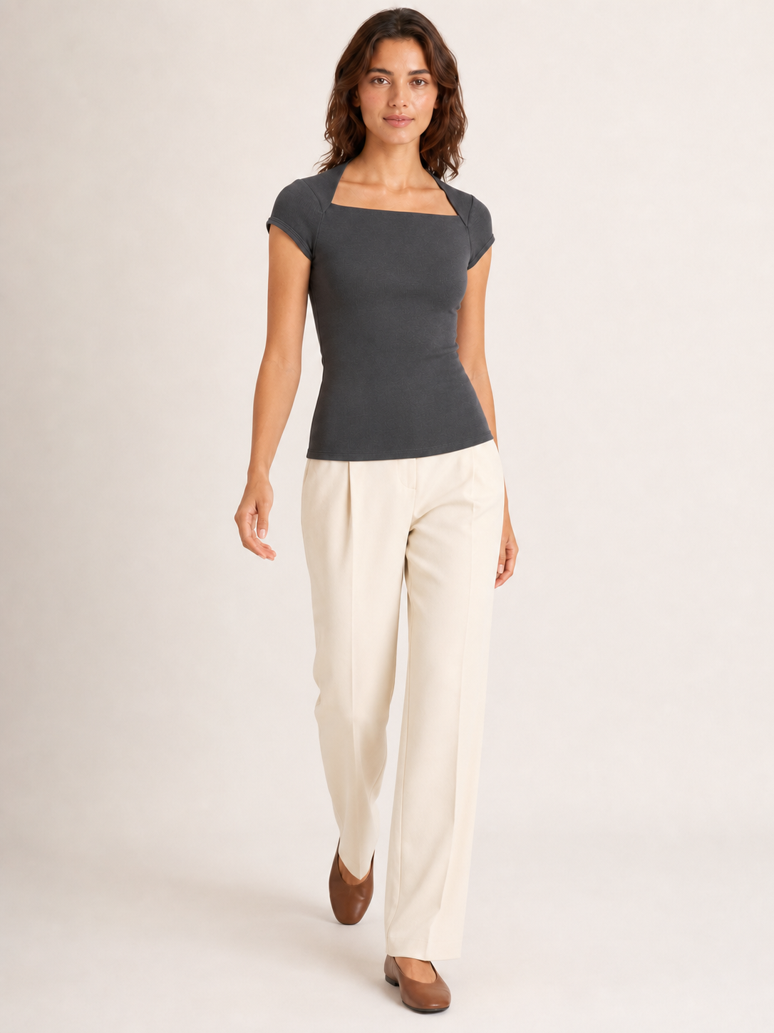 Women's charcoal gray square-neck fitted top