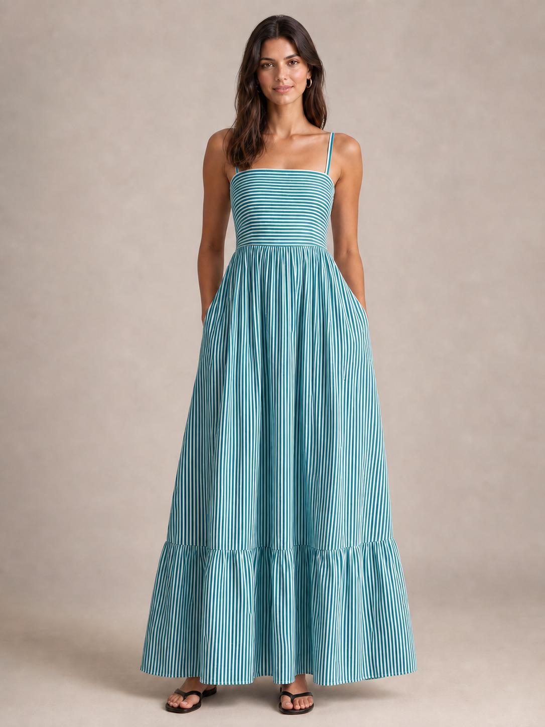 Women's teal-white striped tiered maxi dress