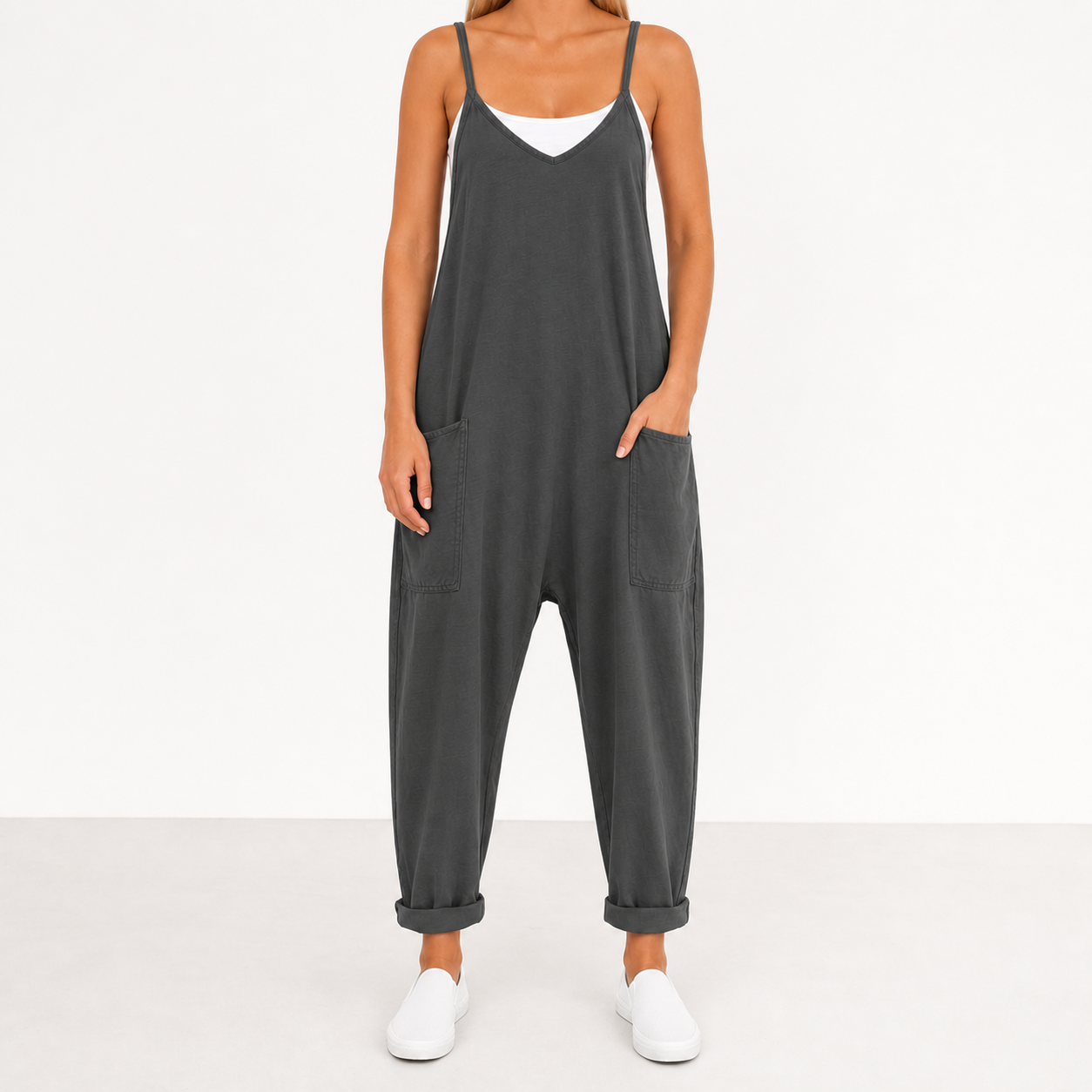 Women's charcoal gray relaxed pocket jumpsuit