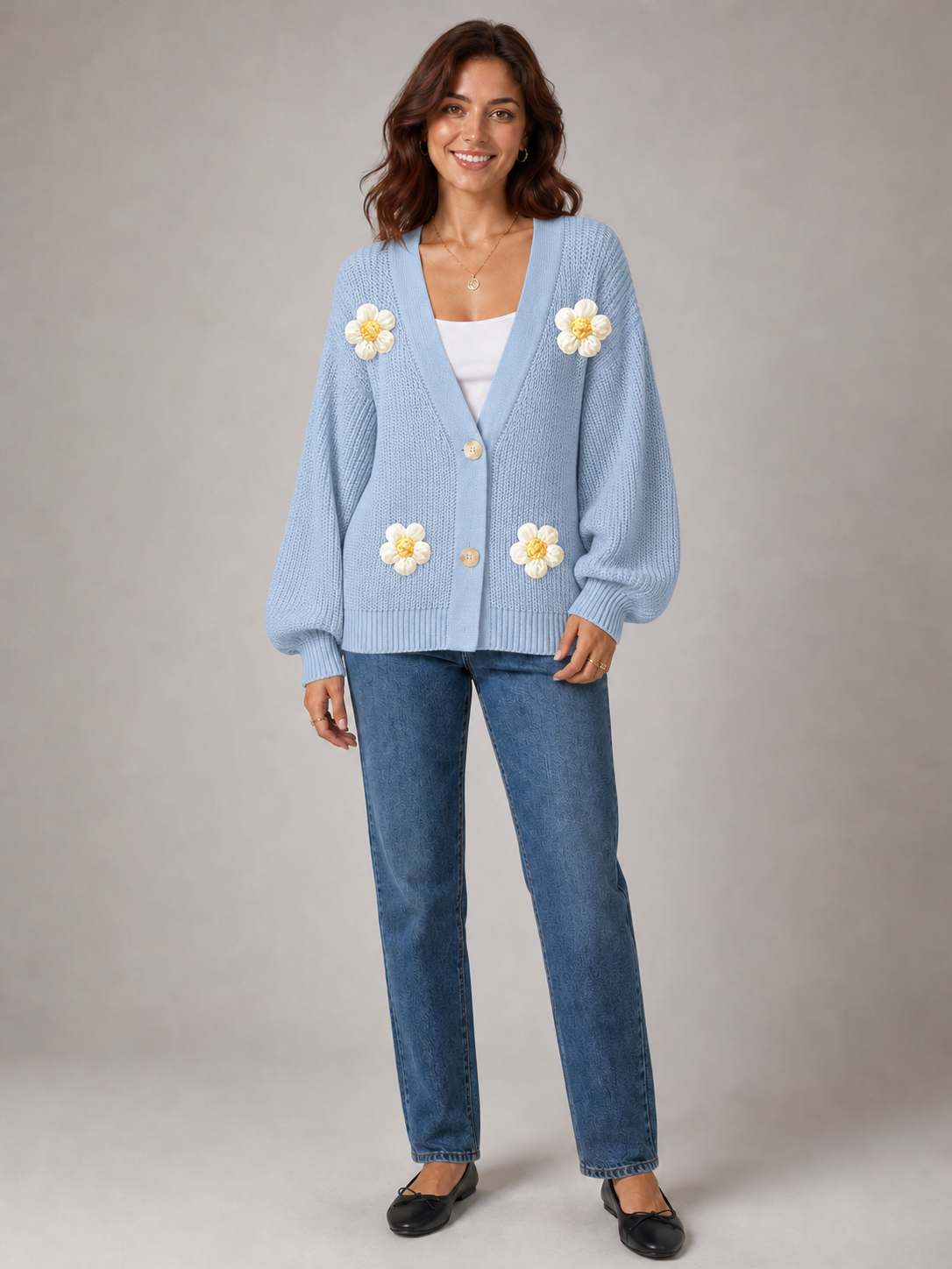 Women's daisy cardigan in powder blue