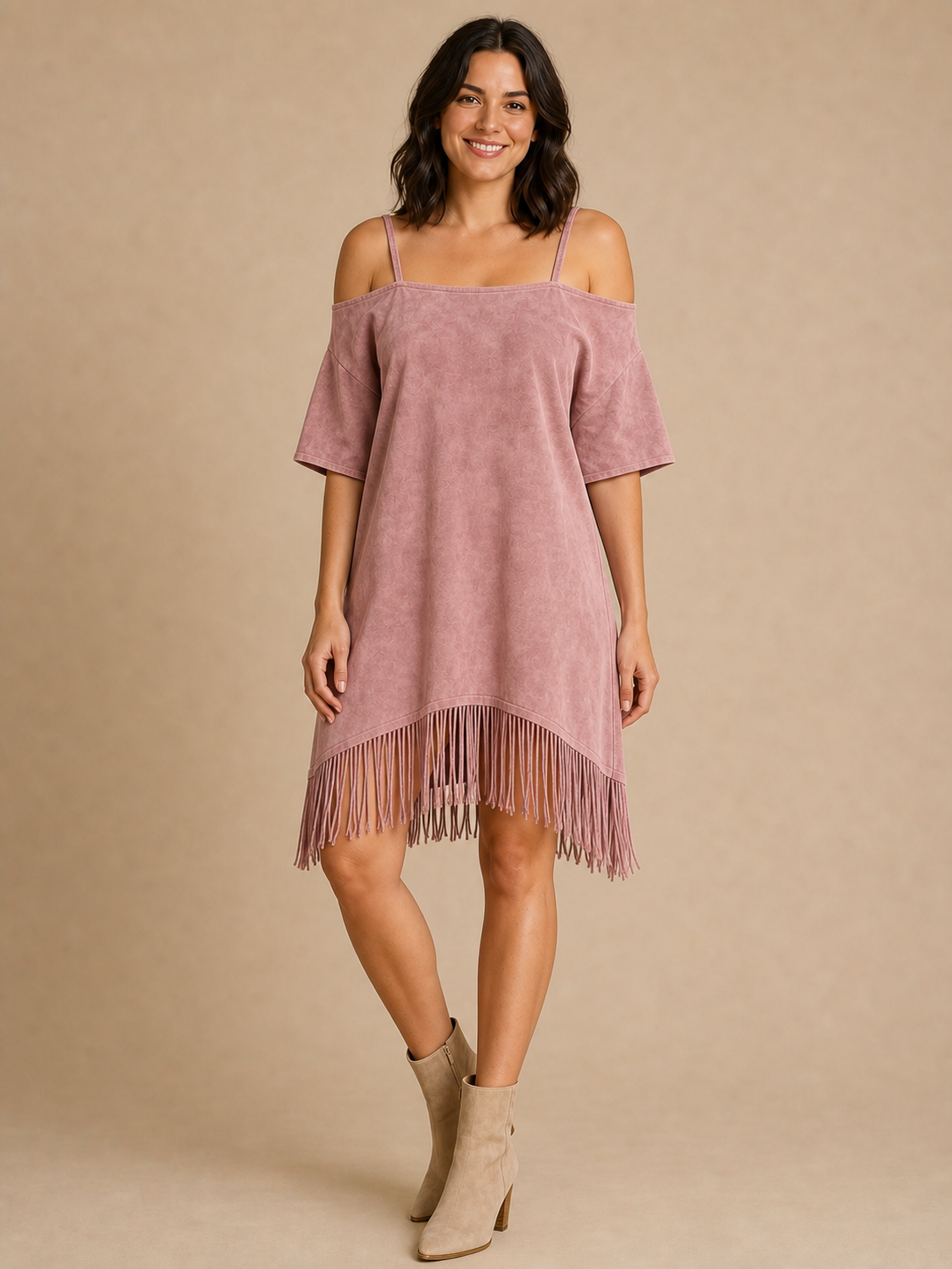 Women's dusty rose washed cold shoulder fringe shift mini dress