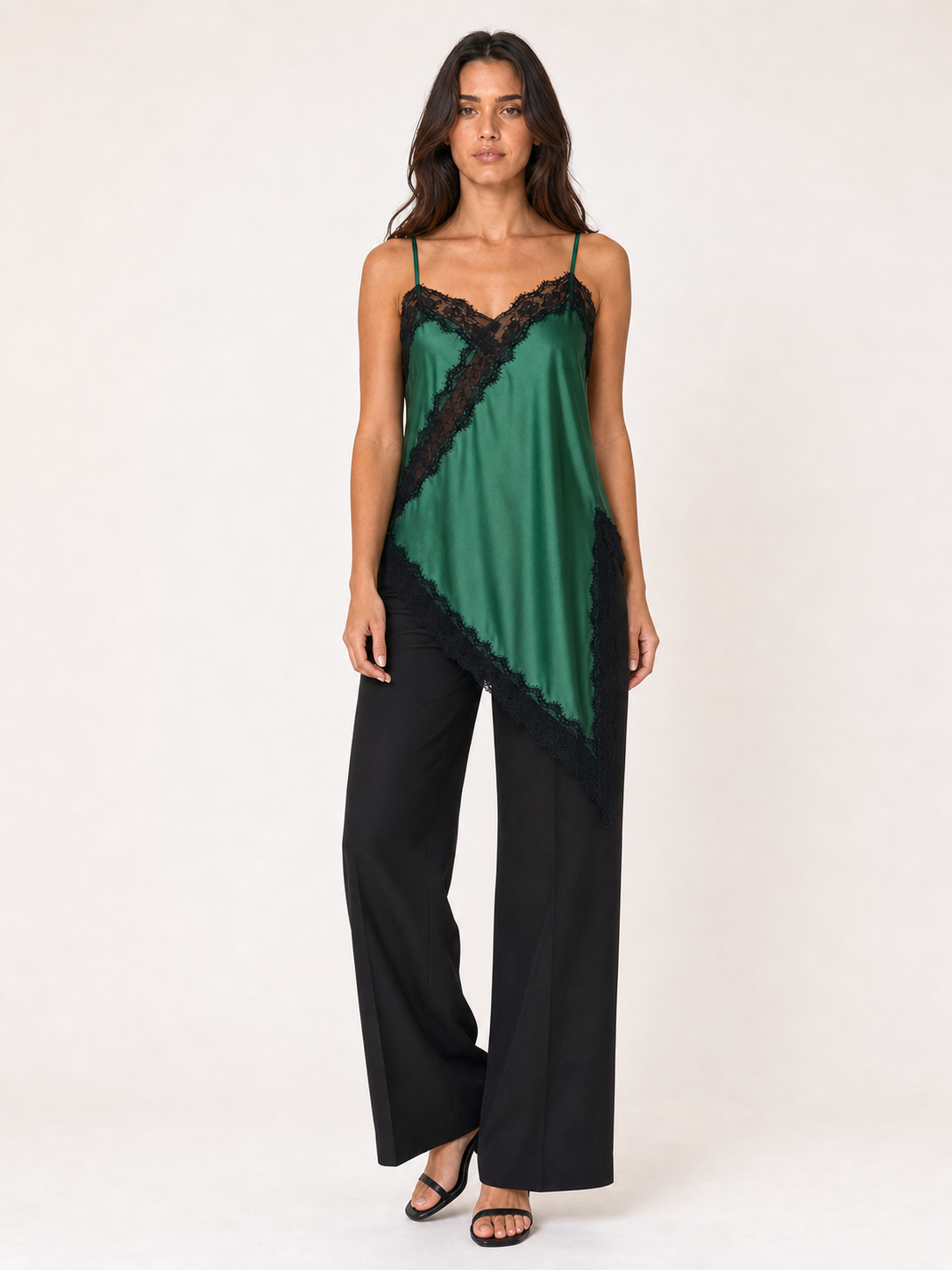 Women's emerald green camisole with black contrast lace