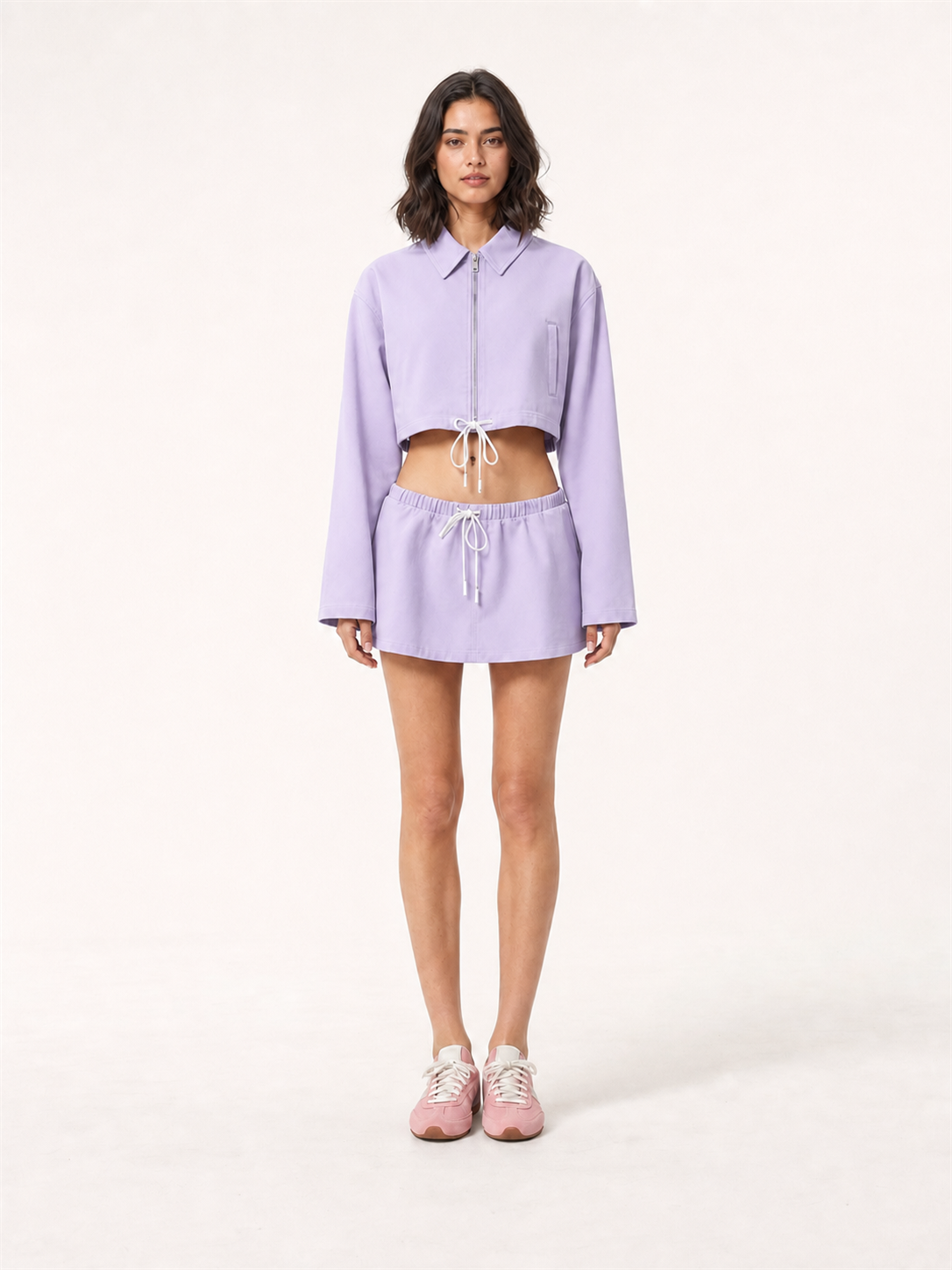 Women's cropped zip jacket and mini skirt set in lavender